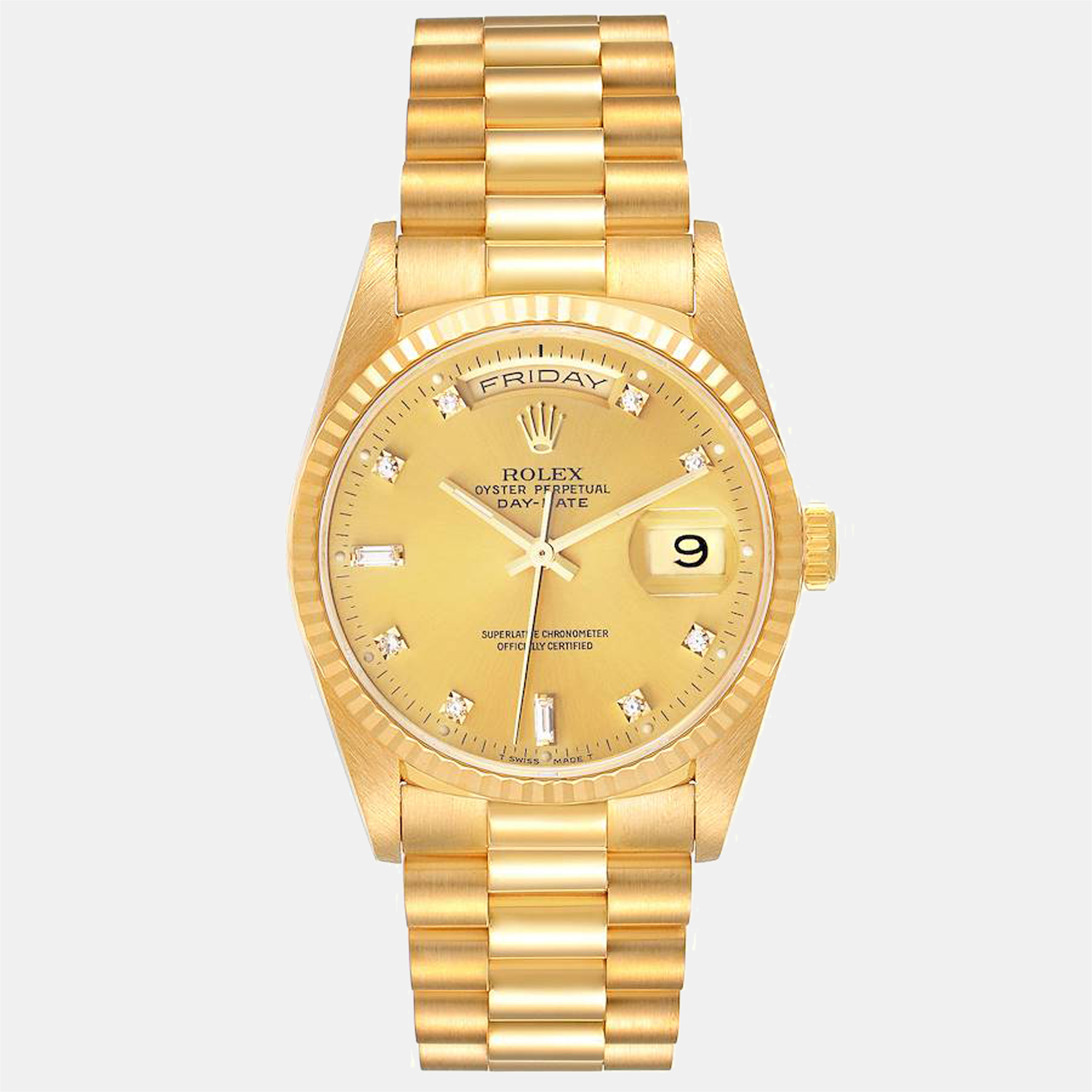 Pre-owned Rolex Champagne Diamonds 18k Yellow Gold President Day-date 18238 Automatic Men's Wristwatch 36 Mm