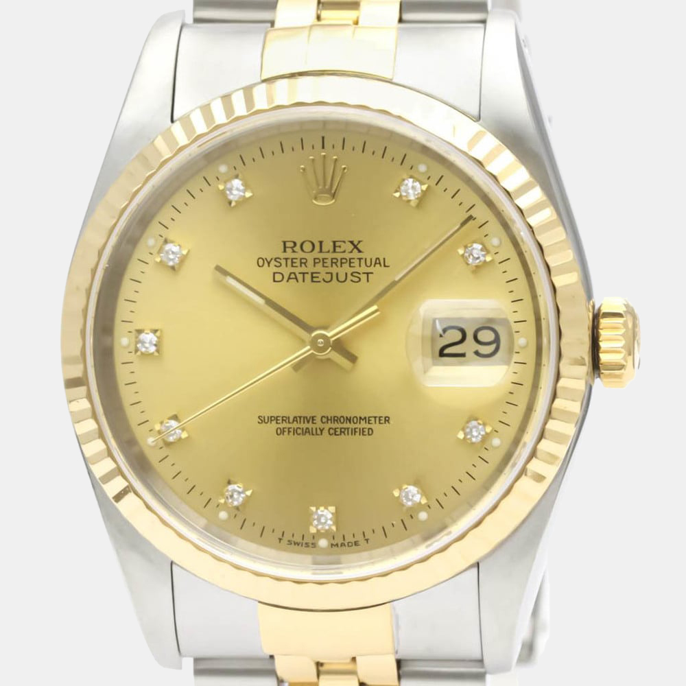 

Rolex Champagne Diamond 18k Yellow Gold And Stainless Steel Datejust 16233G Automatic Men's Wristwatch 36 mm