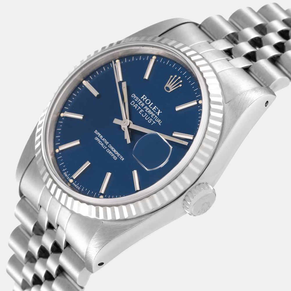 

Rolex Blue 18k White Gold And Stainless Steel Datejust 16234 Automatic Men's Wristwatch 36 mm