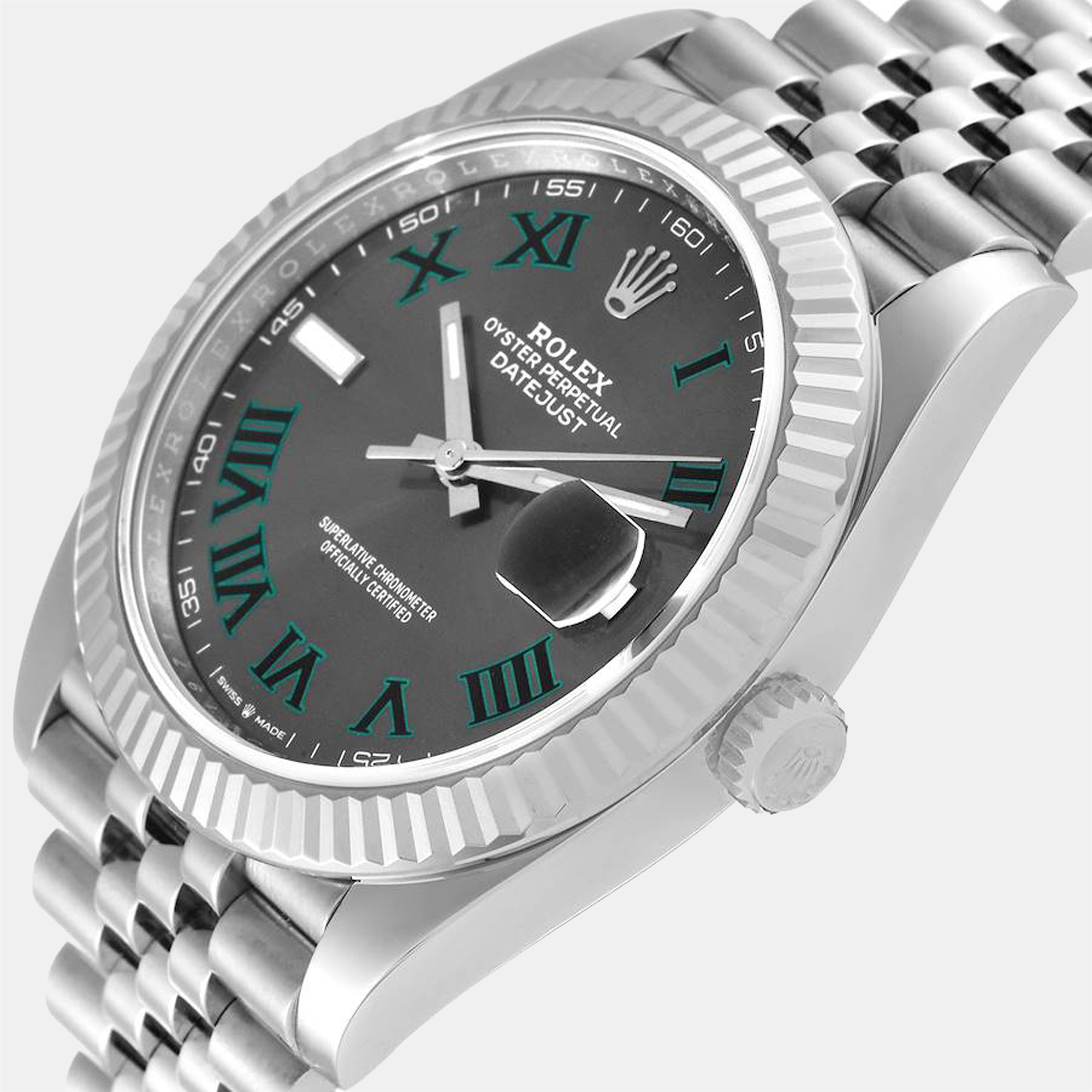 

Rolex Grey Diamonds 18k White Gold And Stainless Steel Datejust Wimbledon 126334 Men's Wristwatch 41 mm