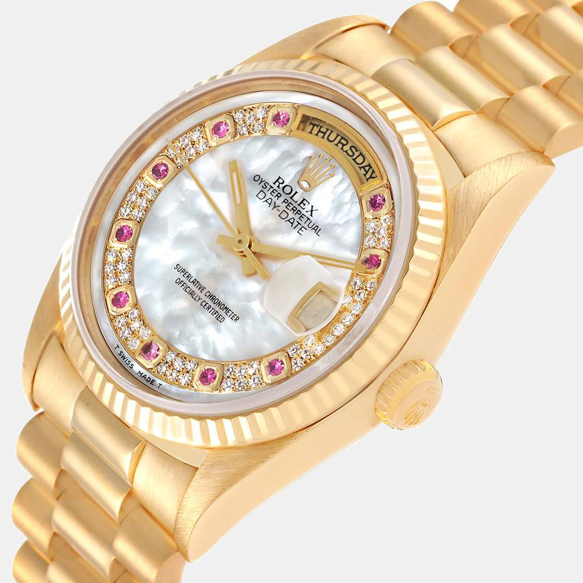 

Rolex MOP Diamonds Ruby 18K Yellow Gold President Day-Date 18238 Automatic Men's Wristwatch 36 mm, White