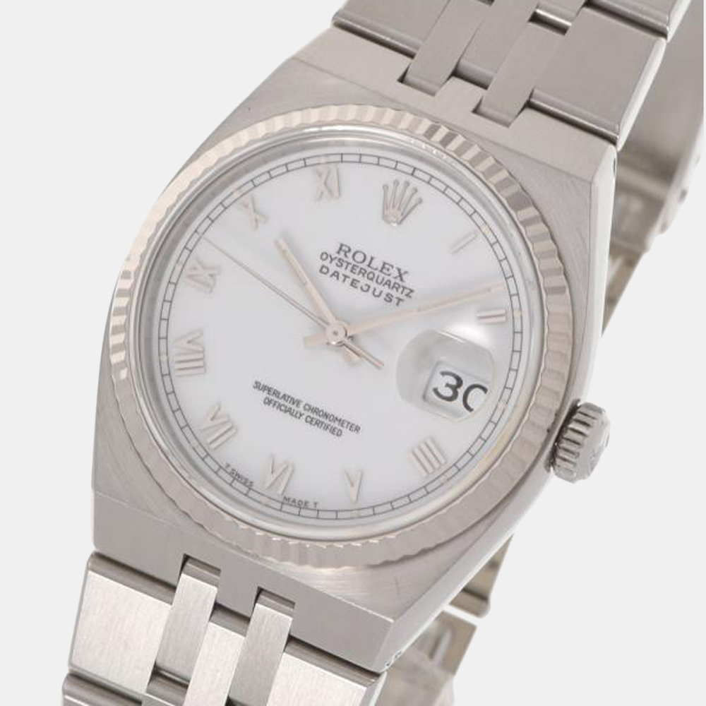 

Rolex White 18k White Gold And Stainless Steel Oysterquartz Datejust 17014 Automatic Men's Wristwatch 36 mm