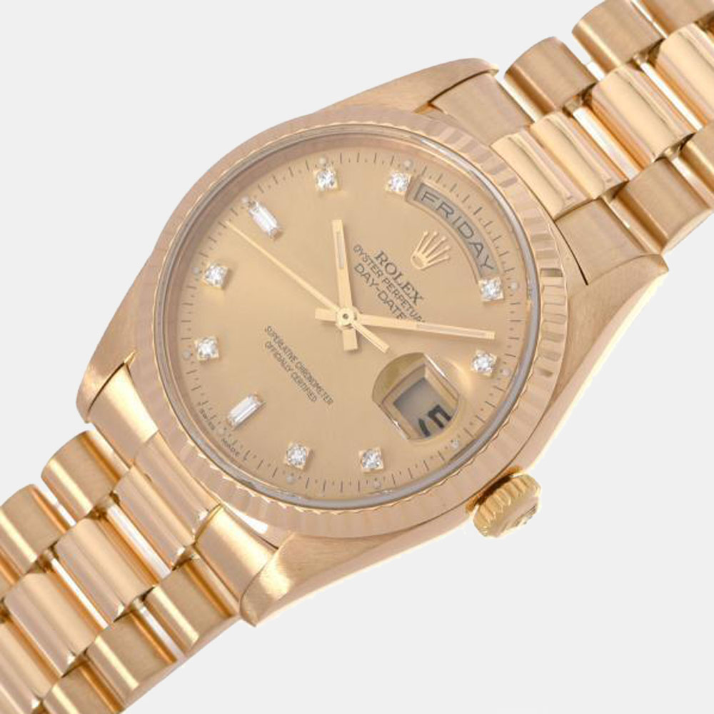 

Rolex Champagne Diamond 18k Yellow Gold Day-Date 18238 Automatic Men's Wristwatch 36 mm