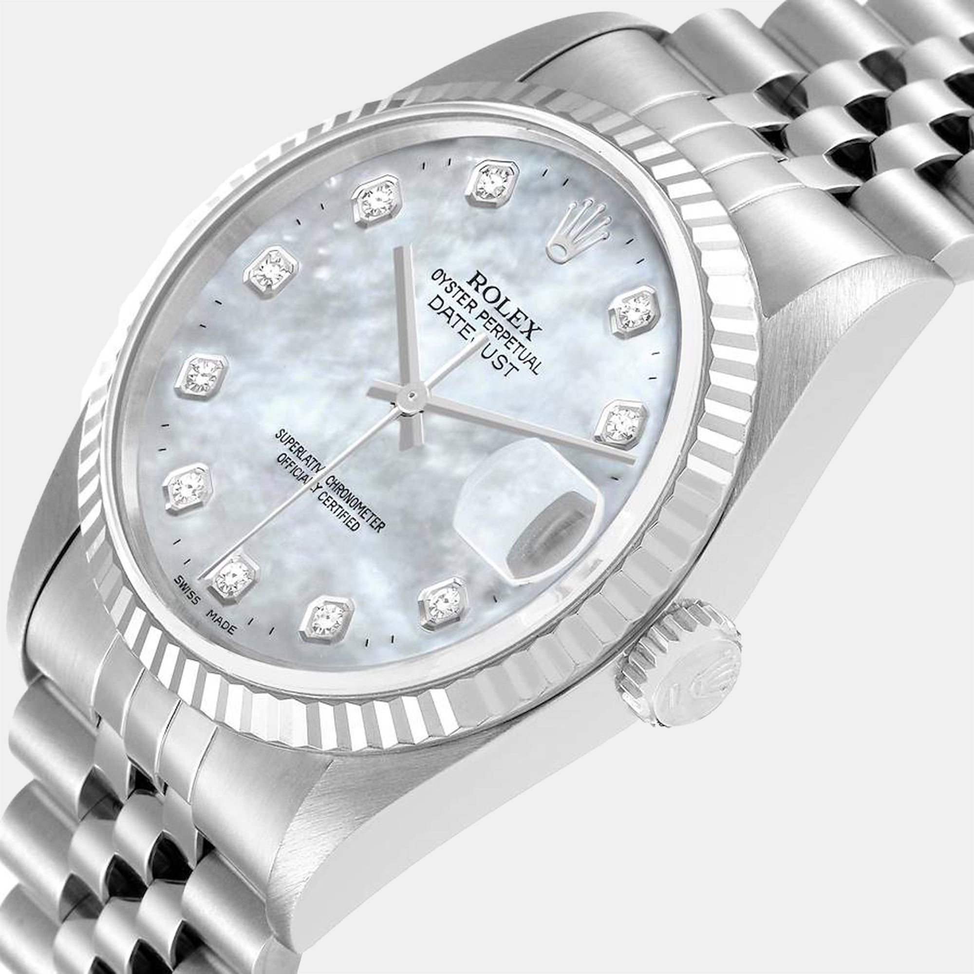 

Rolex MOP Diamonds 18k White Gold And Stainless Steel Datejust 16234 Men's Wristwatch 36 mm