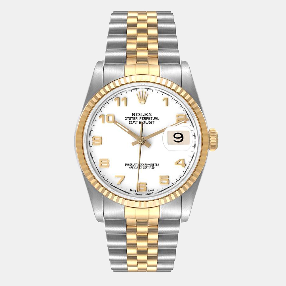 Pre-owned Rolex White 18k Yellow Gold And Stainless Steel Datejust 16233 Automatic Men's Wristwatch 36 Mm