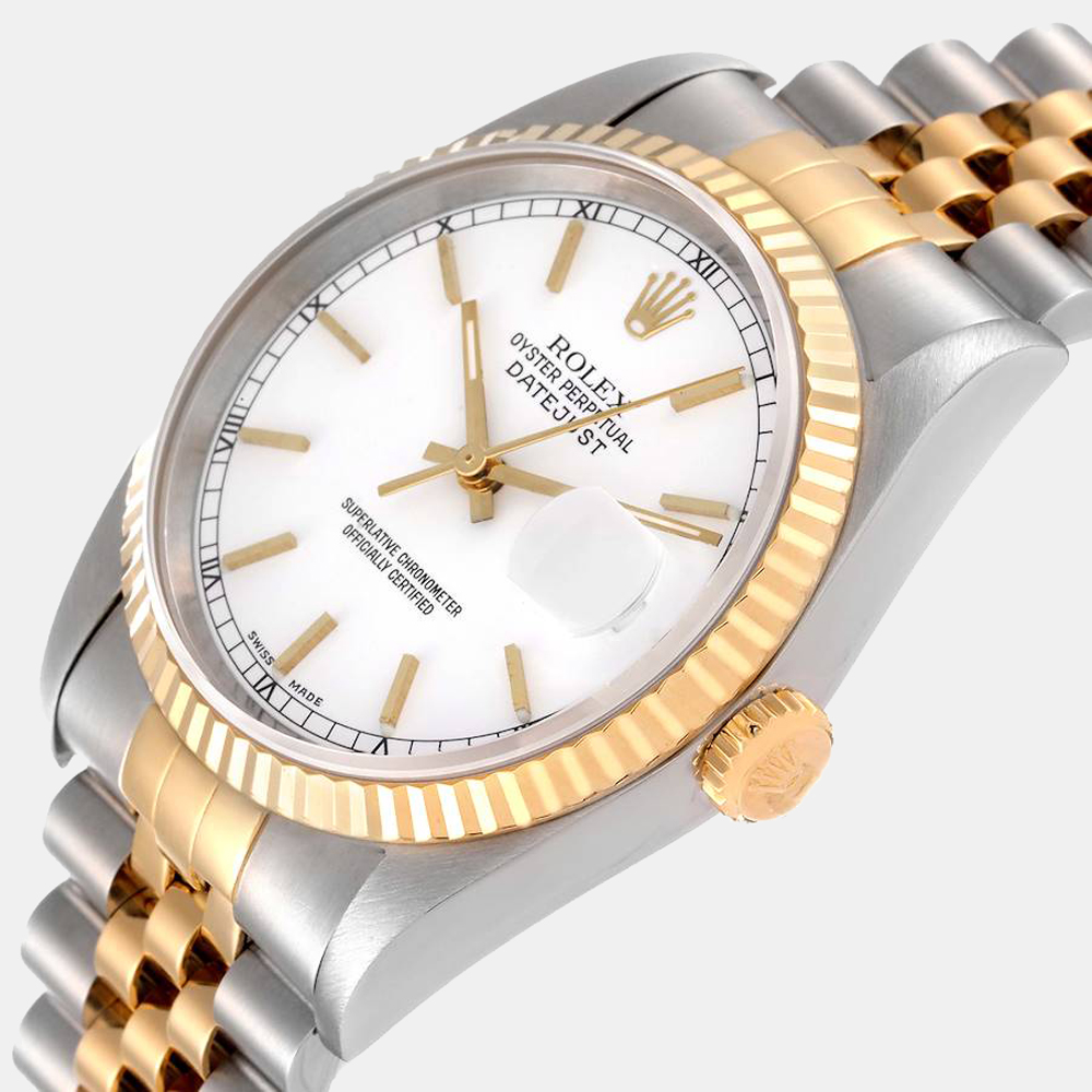

Rolex White 18k Yellow Gold And Stainless Steel Datejust 16233 Automatic Men's Wristwatch 36 mm