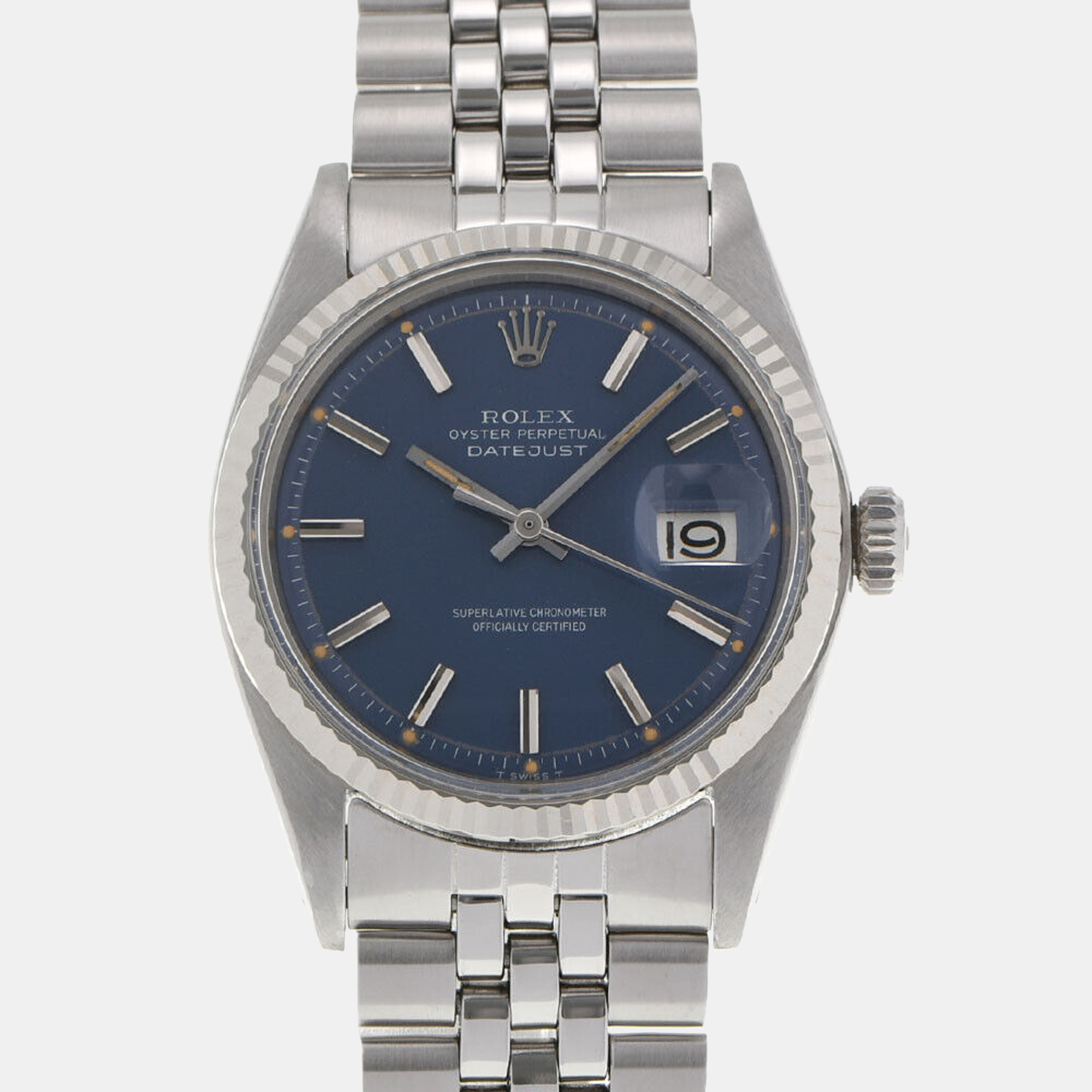 Pre Owned Rolex Blue Stainless Steel Datejust 1601 Automatic Men's Wristwatch 36 mm