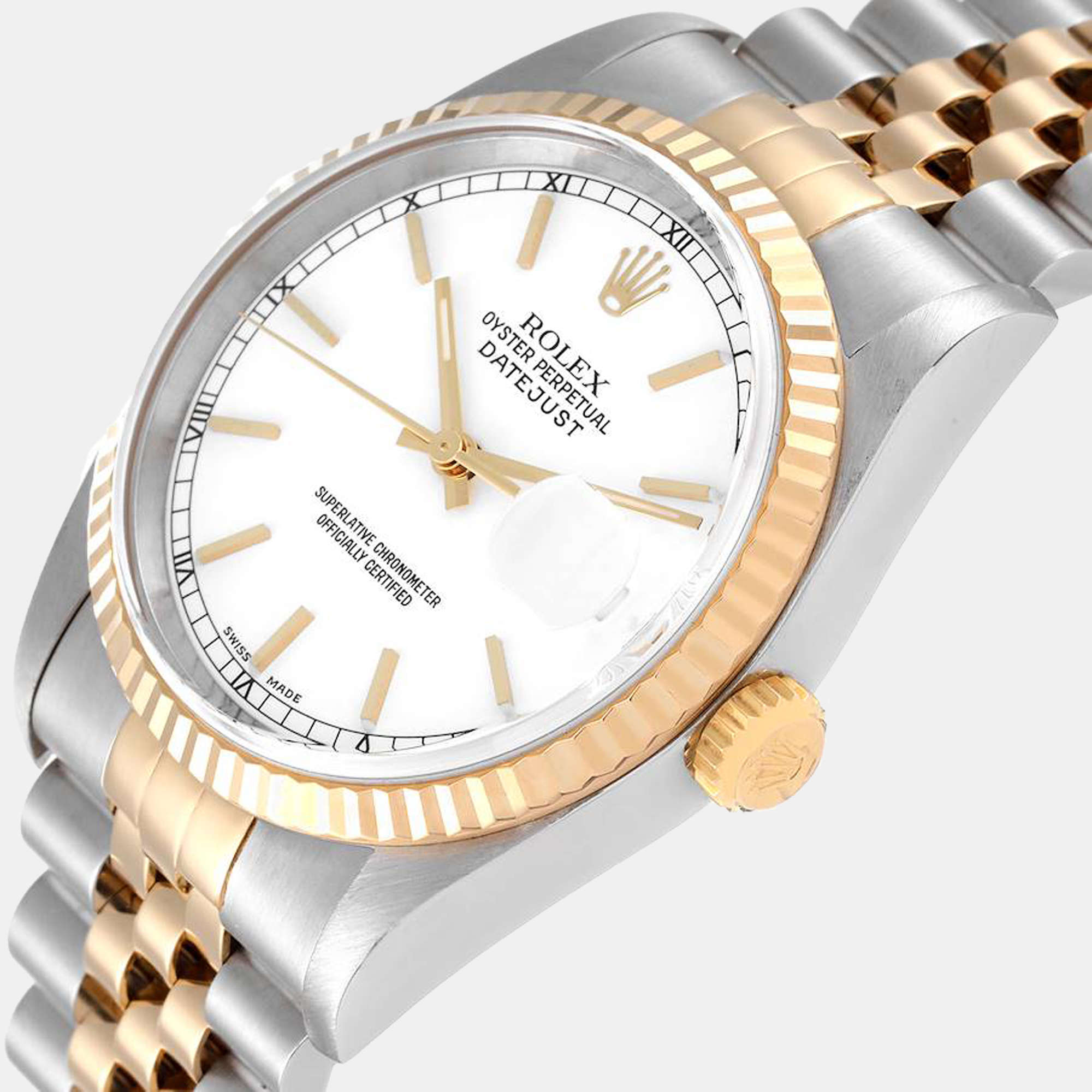 

Rolex White 18k Yellow Gold And Stainless Steel Datejust 16233 Automatic Men's Wristwatch 36 mm