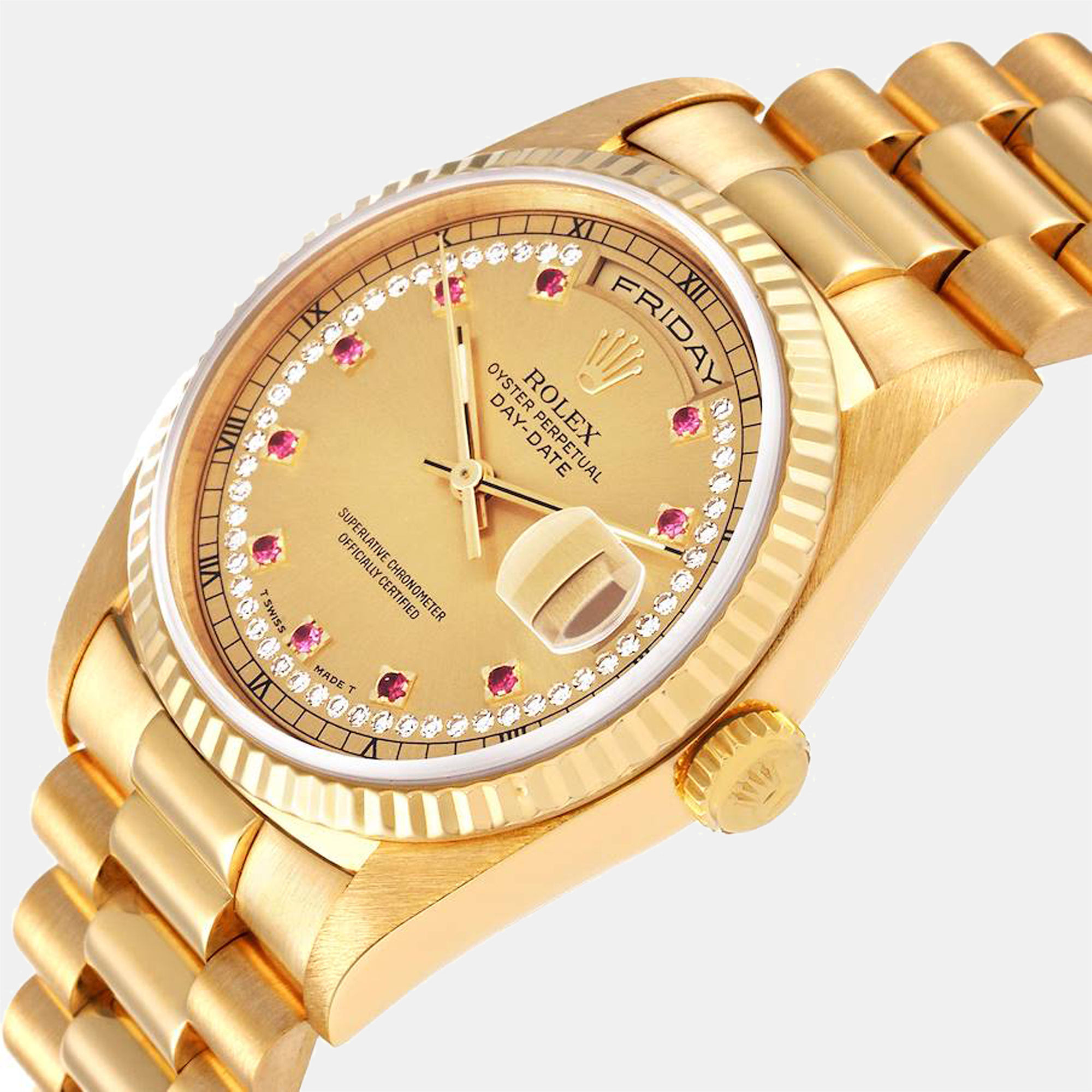 

Rolex Champagne Ruby And Diamonds 18K Yellow Gold President Day-Date 18238 Automatic Men's Wristwatch 36 mm