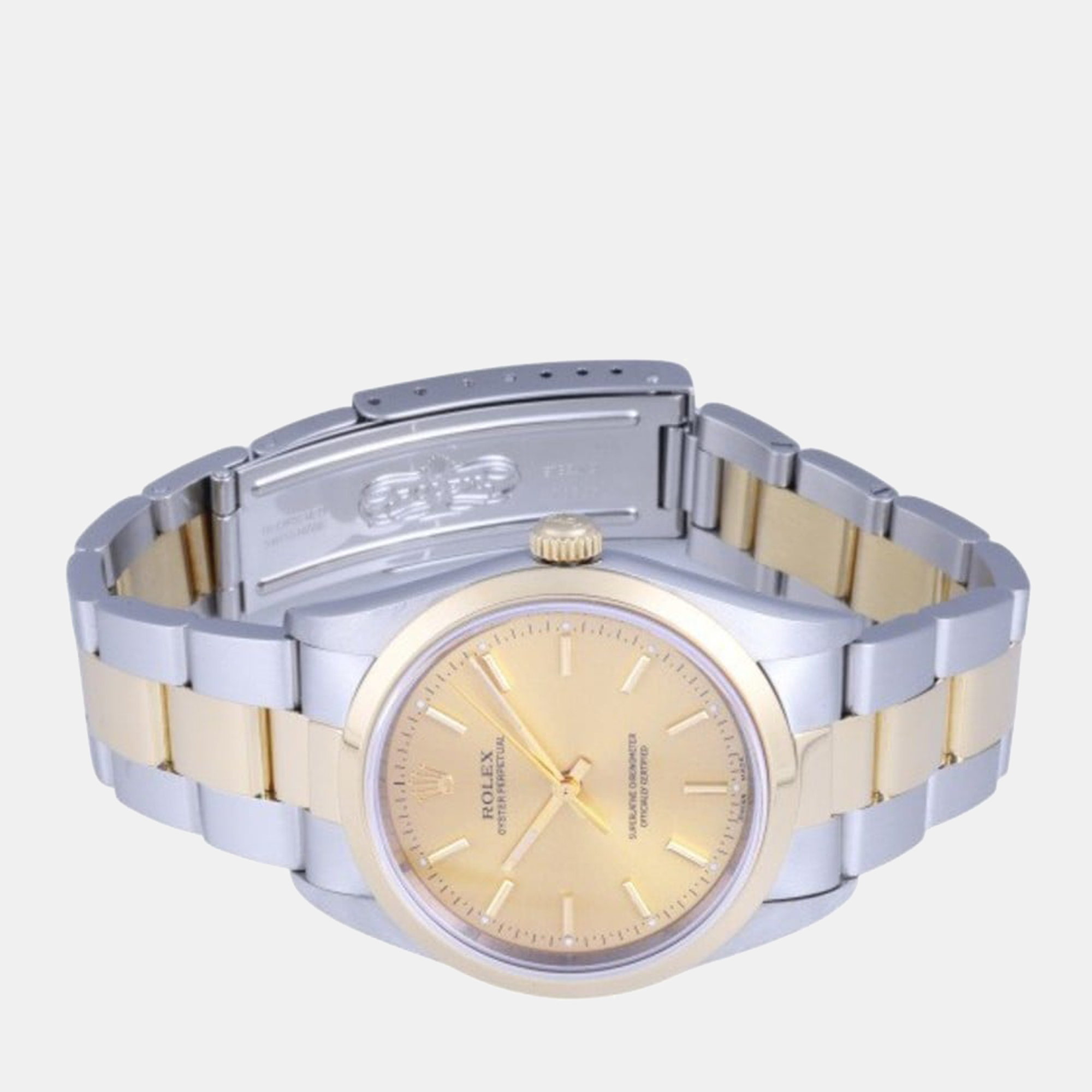

Rolex Champagne 18k Yellow Gold And Stainless Steel Oyster Perpetual 14203 Automatic Men's Wristwatch 34 mm