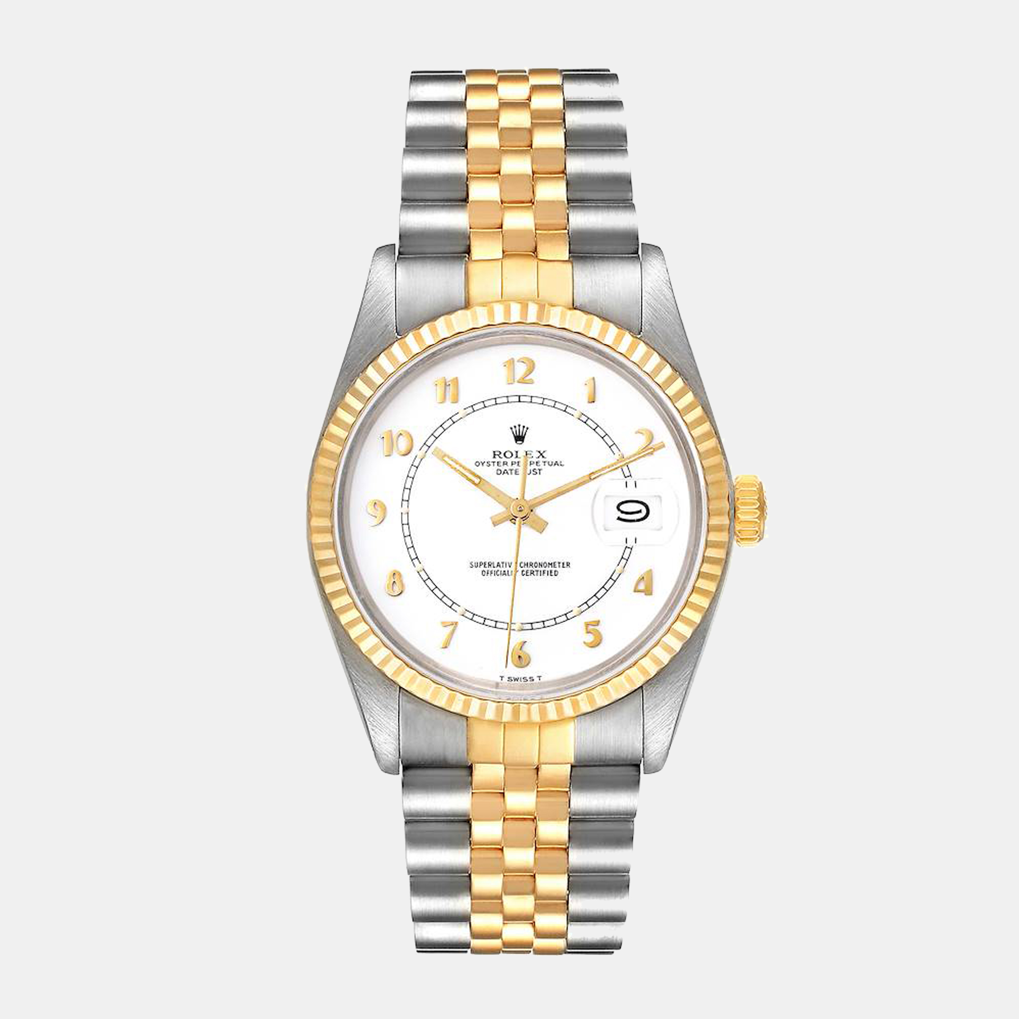 Pre-owned Rolex White 18k Yellow Gold And Stainless Steel Datejust 16013 Automatic Men's Wristwatch 36 Mm
