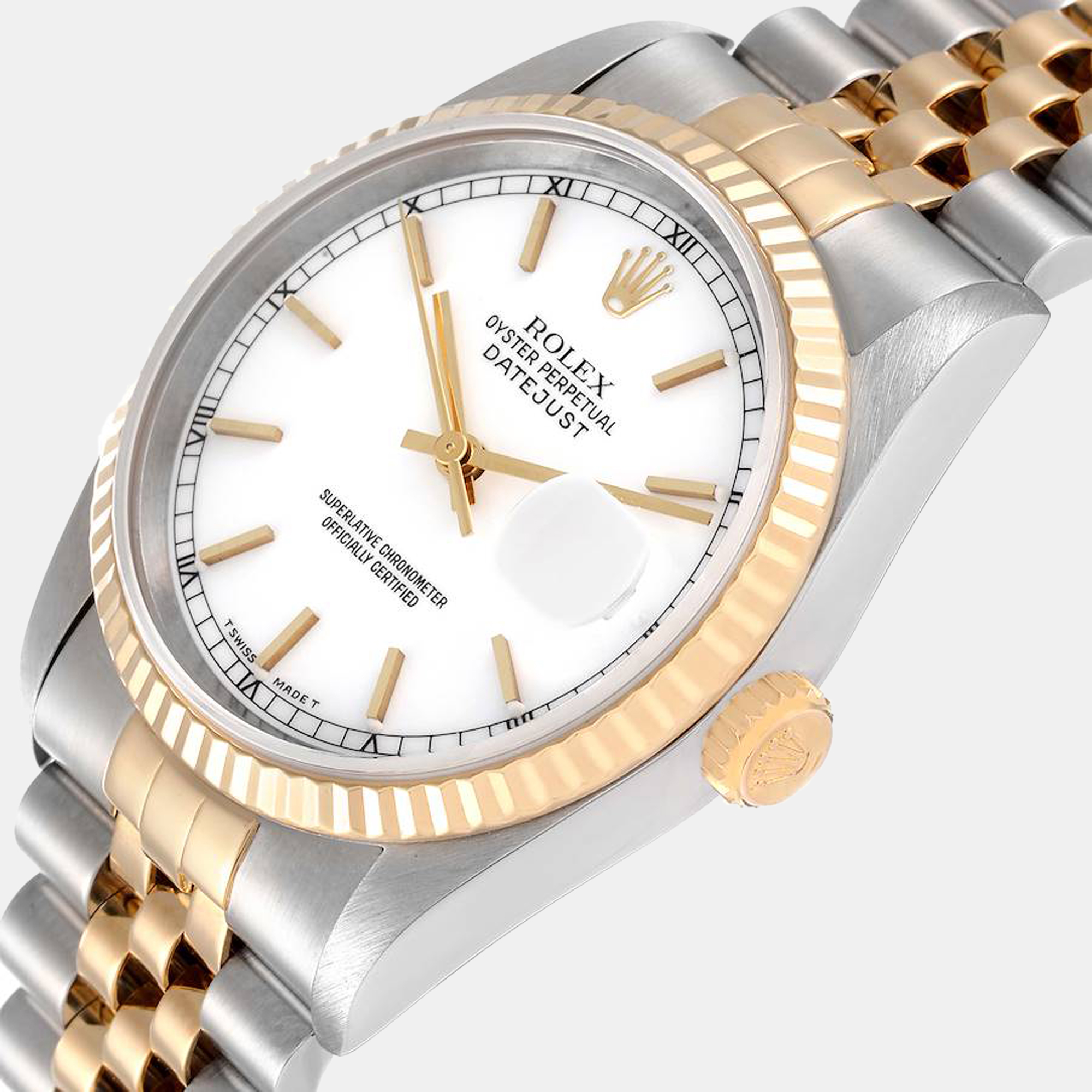 

Rolex White 18k Yellow Gold And Stainless Steel Datejust 16233 Automatic Men's Wristwatch 36 mm