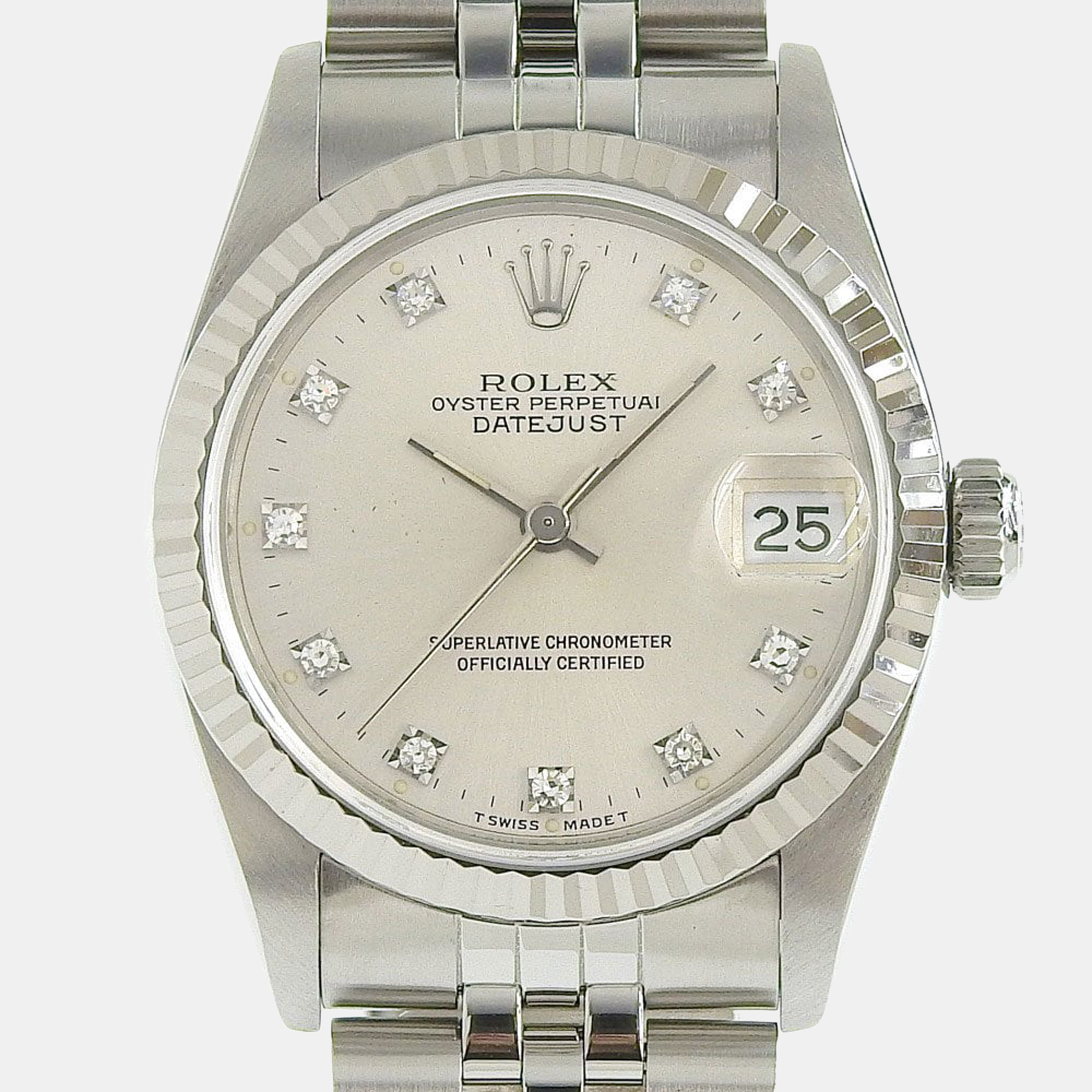 

Rolex Silver Diamond Stainless Steel Datejust 68274 Automatic Men's Wristwatch 30 mm