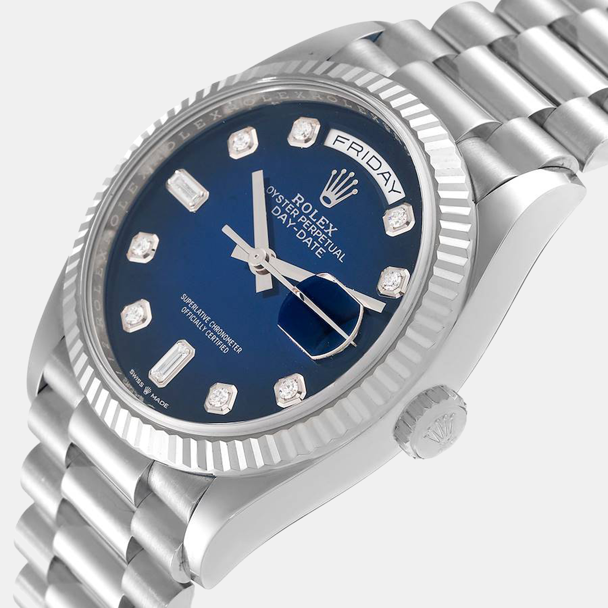

Rolex Blue Diamonds 18K White Gold Day - Date President 128239 Men's Wristwatch 36 mm