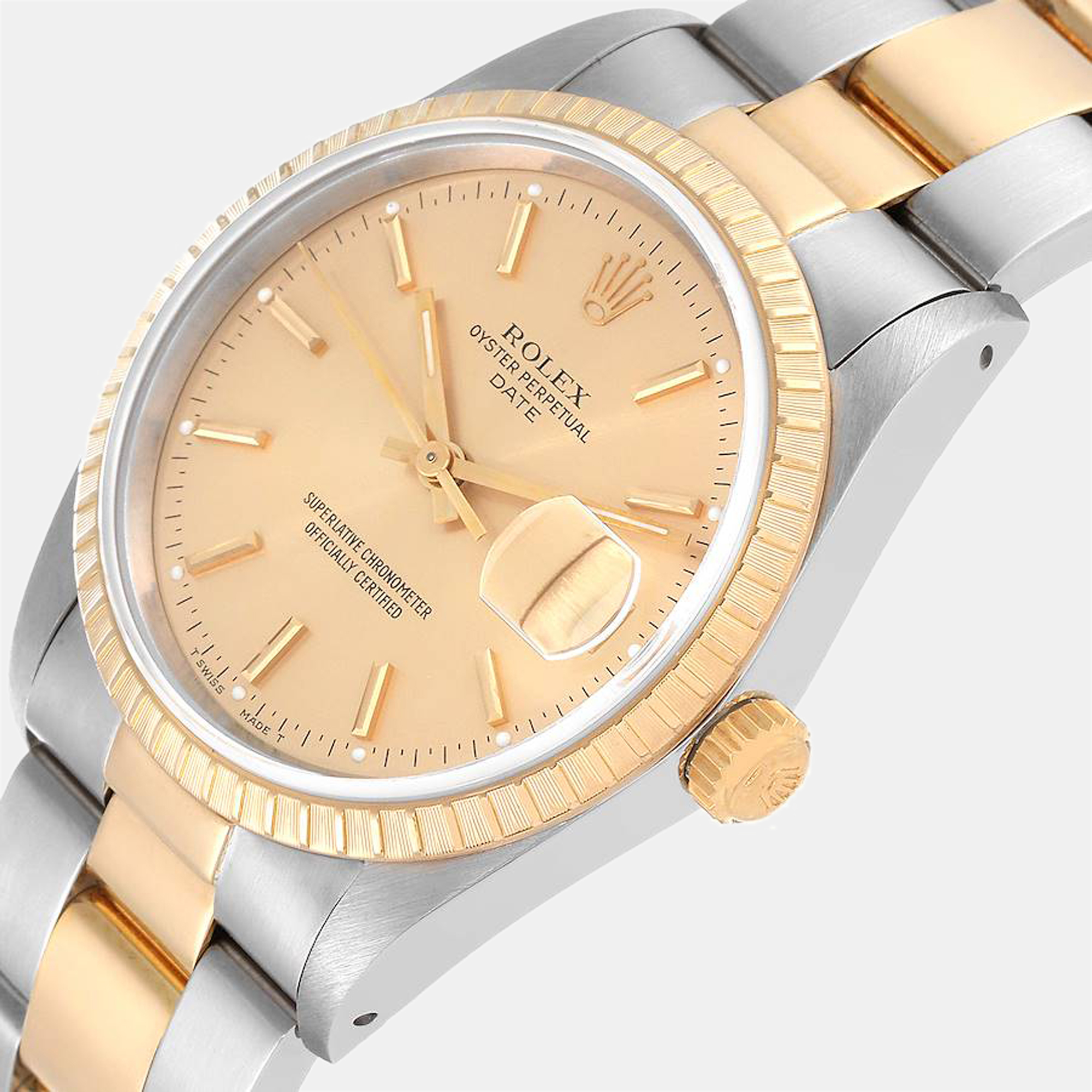 

Rolex Champagne 18K Yellow Gold And Stainless Steel Oyster Perpetual Date 15223 Men's Wristwatch 34 mm