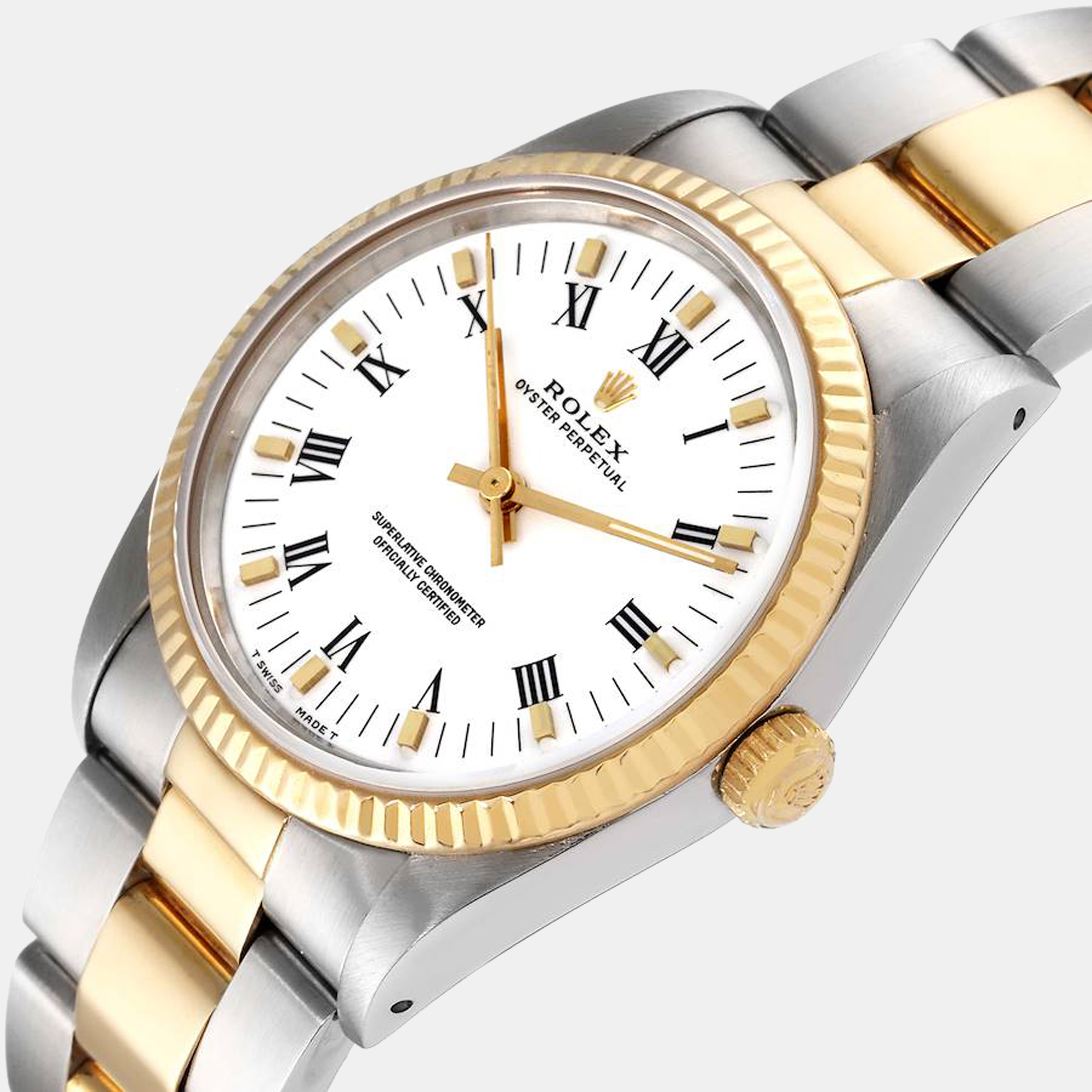 

Rolex White 18K Yellow Gold And Stainless Steel Oyster Perpetual 14233 Men's Wristwatch 34 mm