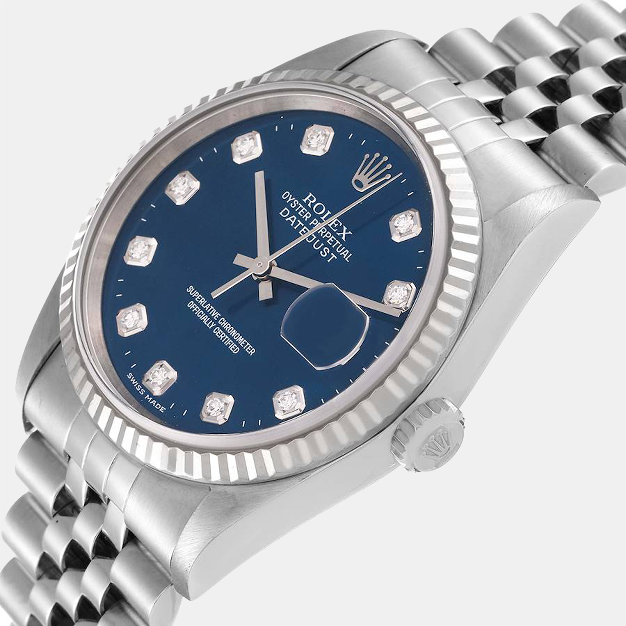 

Rolex Blue Diamonds 18K White Gold And Stainless Steel Datejust 16234 Men's Wristwatch 36 mm