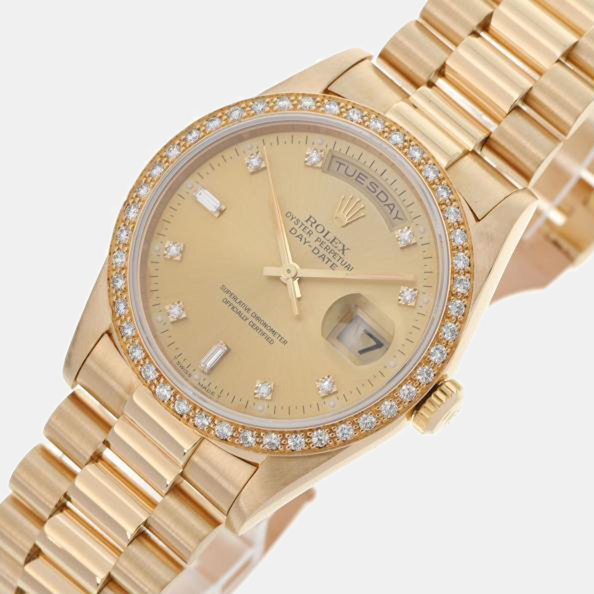 

Rolex Champagne Diamond 18k Yellow Gold Day-Date 18348 Automatic Men's Wristwatch 36 mm