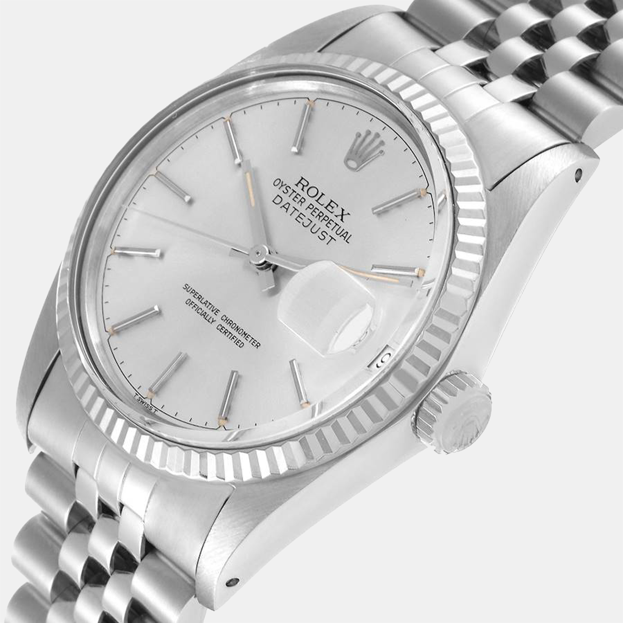 

Rolex Silver 18K White Gold And Stainless Steel Datejust 16014 Automatic Men's Wristwatch 36 mm