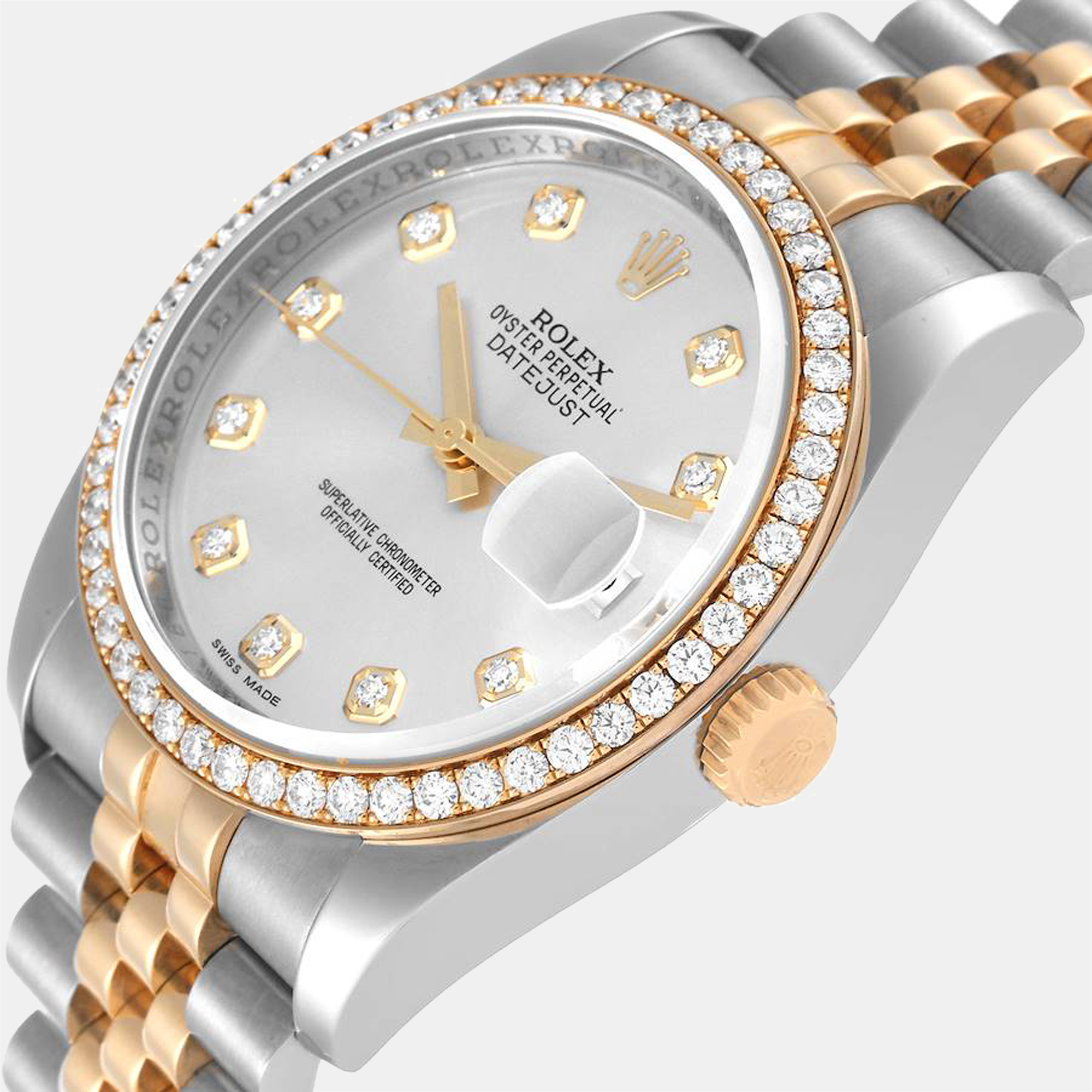 

Rolex Silver Diamonds 18K Yellow Gold And Stainless Steel Datejust 116243 Automatic Men's Wristwatch 36 mm