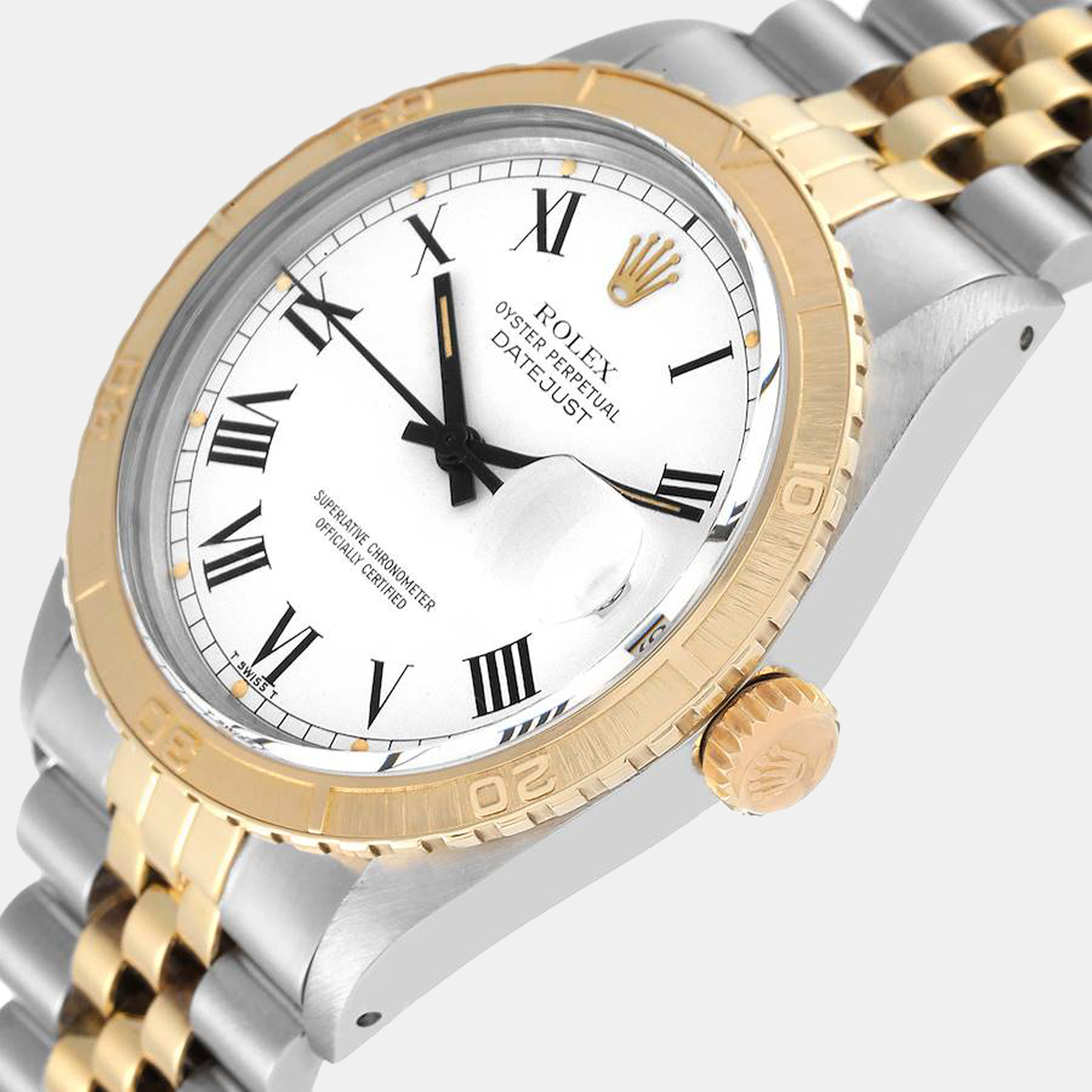 

Rolex White 18K Yellow Gold And Stainless Steel Datejust Turnograph 16253 Automatic Men's Wristwatch 36 mm