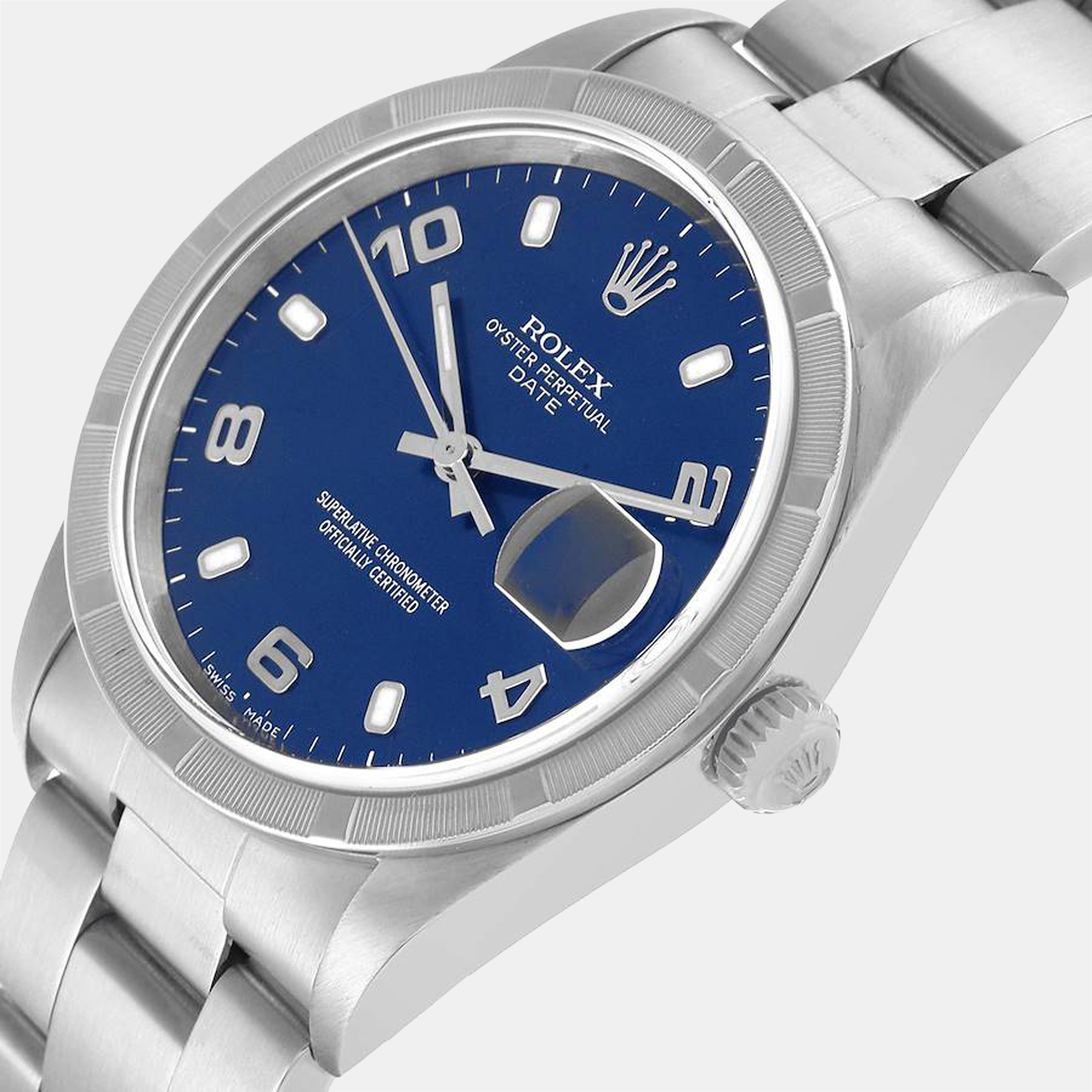 

Rolex Blue Stainless Steel Oyster Perpetual Date 15210 Automatic Men's Wristwatch 34 mm