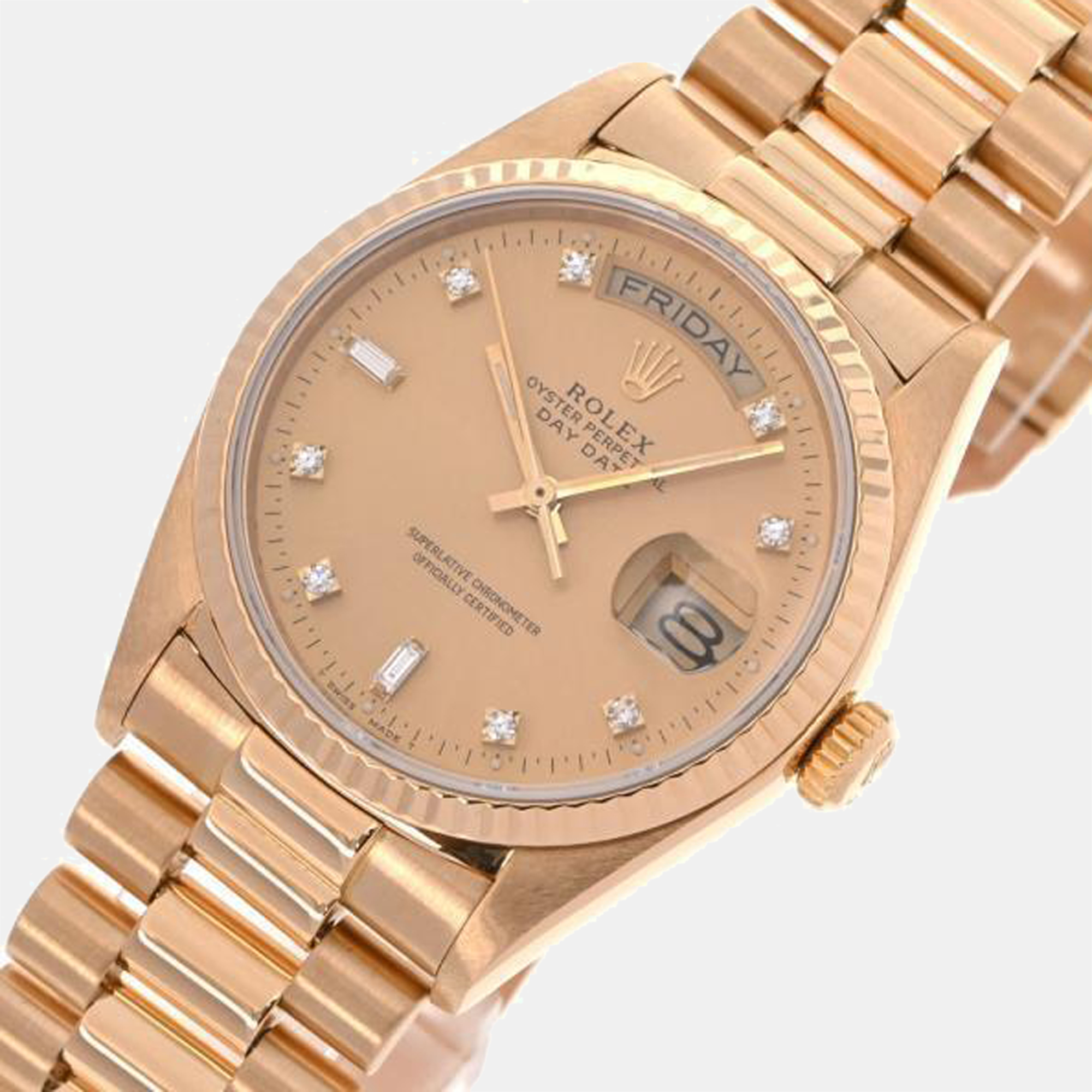 

Rolex Champagne Diamonds 18K Yellow Gold Day - Date President 18038 Automatic Men's Wristwatch 36 mm