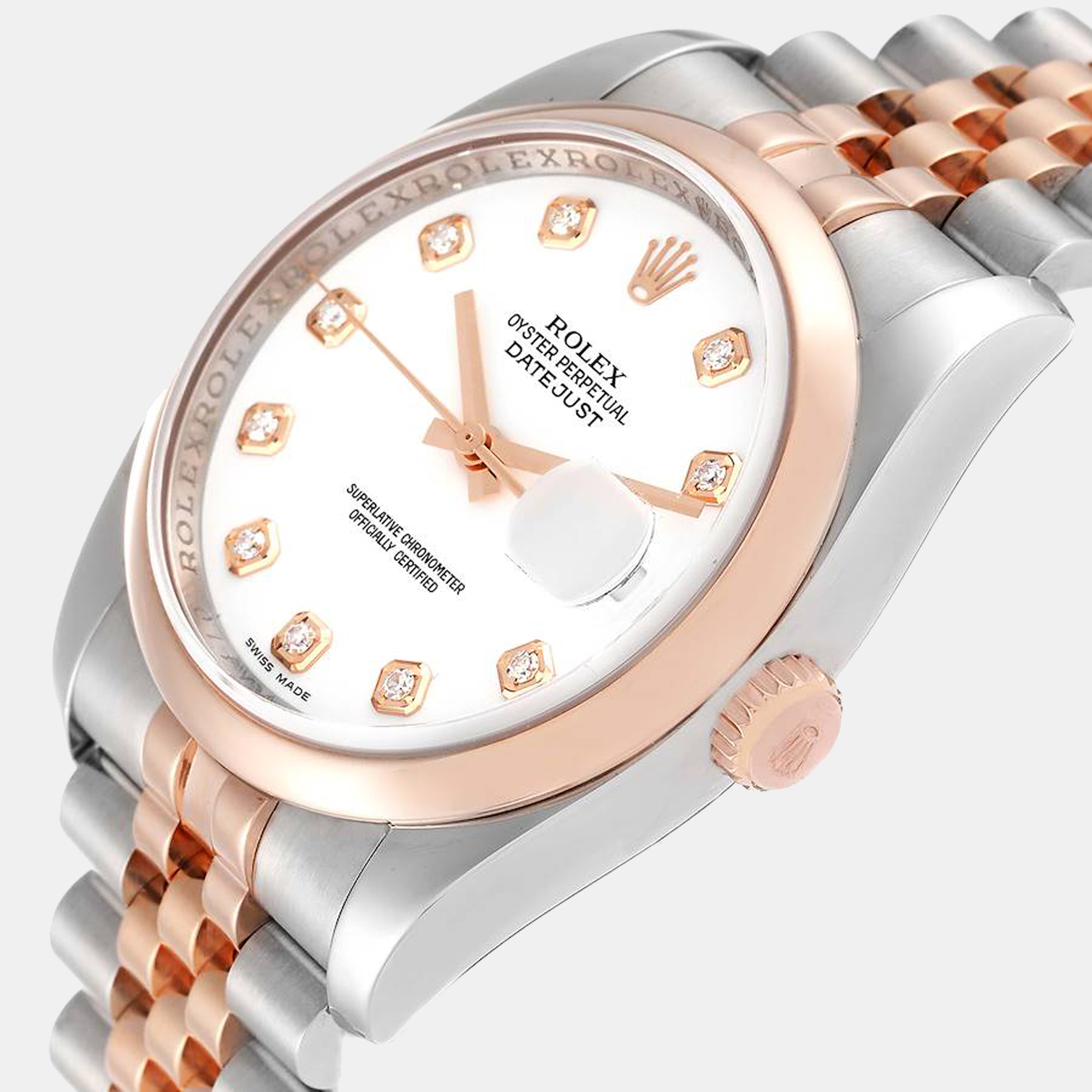 

Rolex White Diamonds 18K Rose Gold And Stainless Steel Datejust 116201 Automatic Men's Wristwatch 36 mm