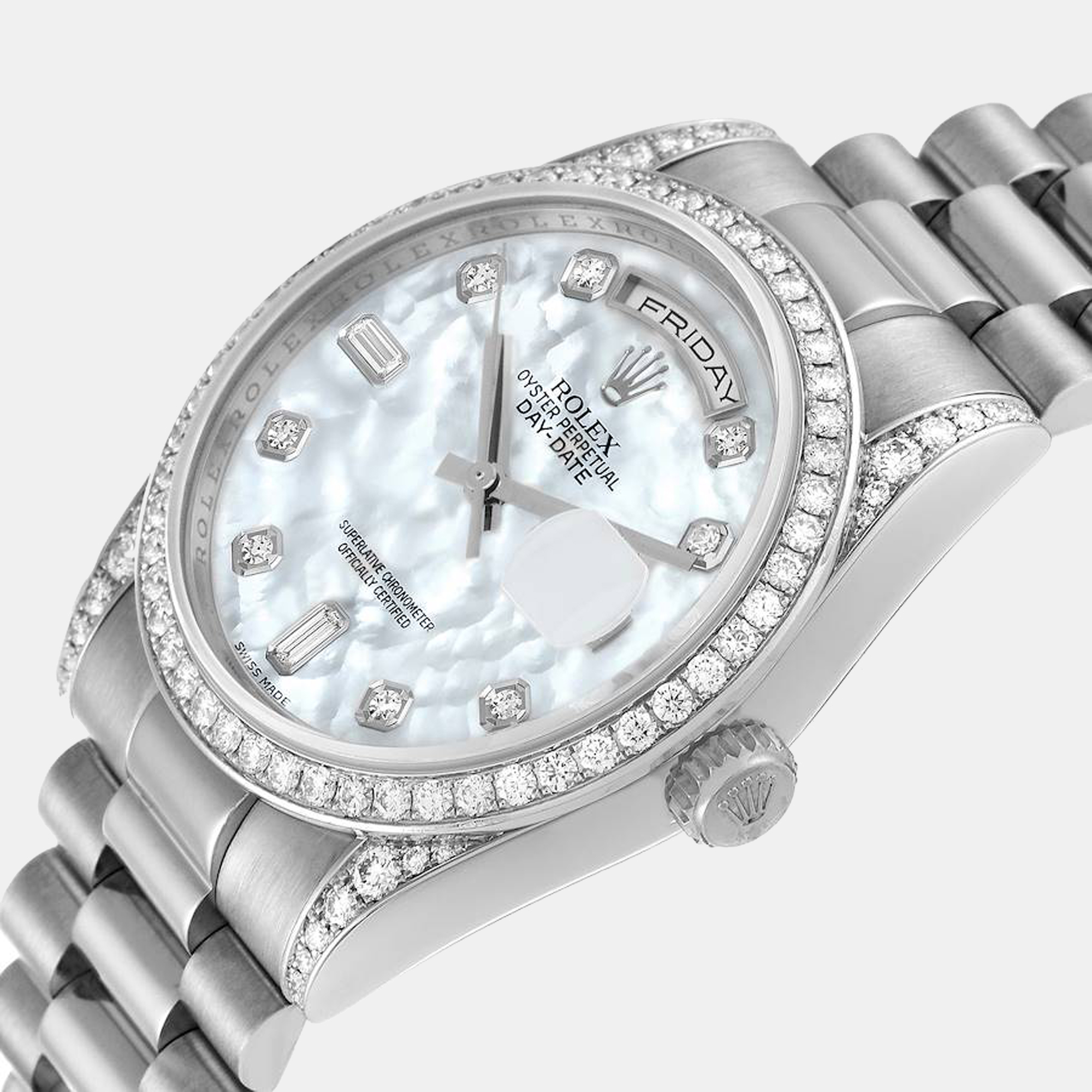 

Rolex MOP Diamonds 18K White Gold Day - Date President 118389 Men's Wristwatch 36 mm