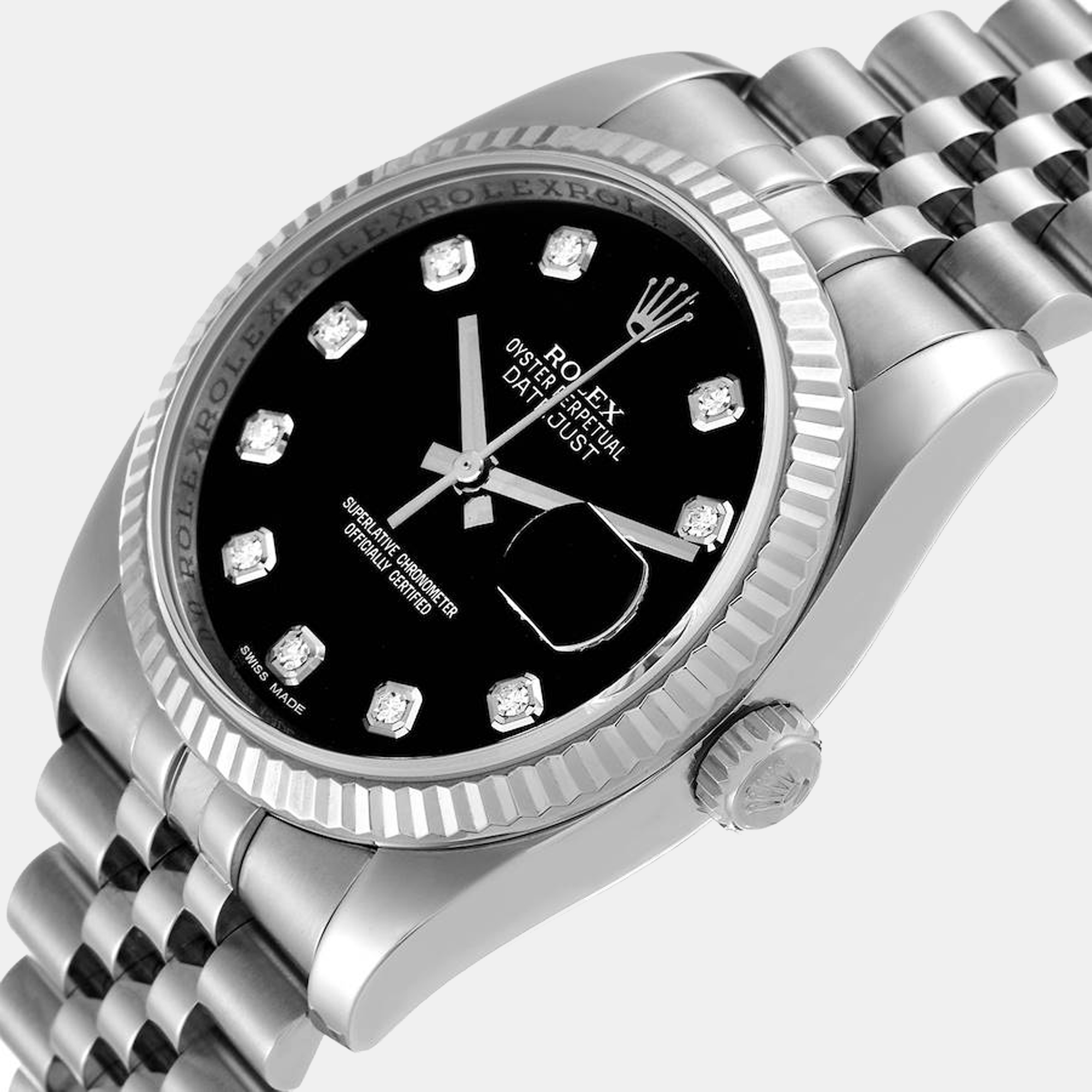 

Rolex Black Diamonds 18K White Gold And Stainless Steel Datejust 116234 Men's Wristwatch 36 mm