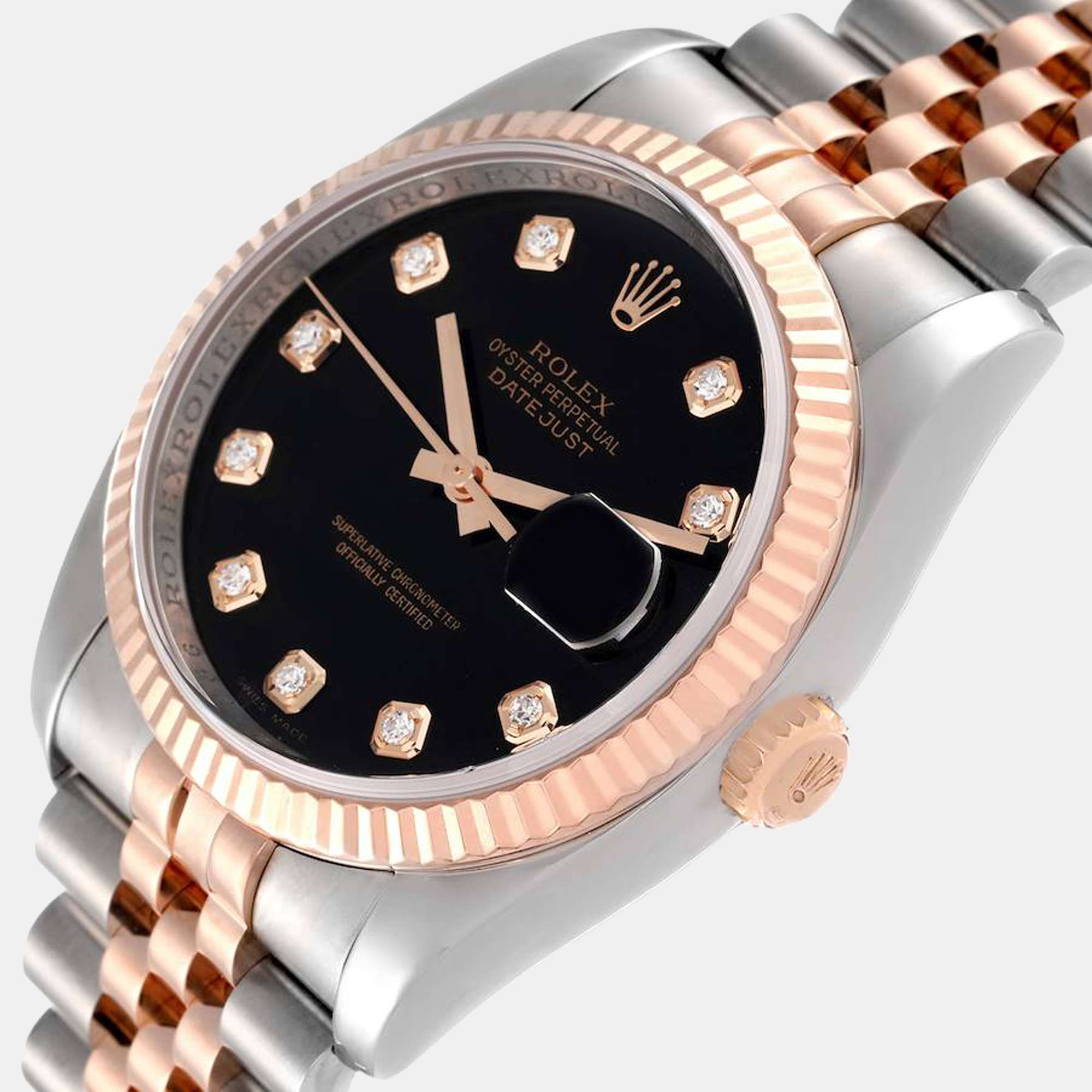 

Rolex Black Diamonds 18K Rose Gold And Stainless Steel Datejust 116231 Automatic Men's Wristwatch 36 mm
