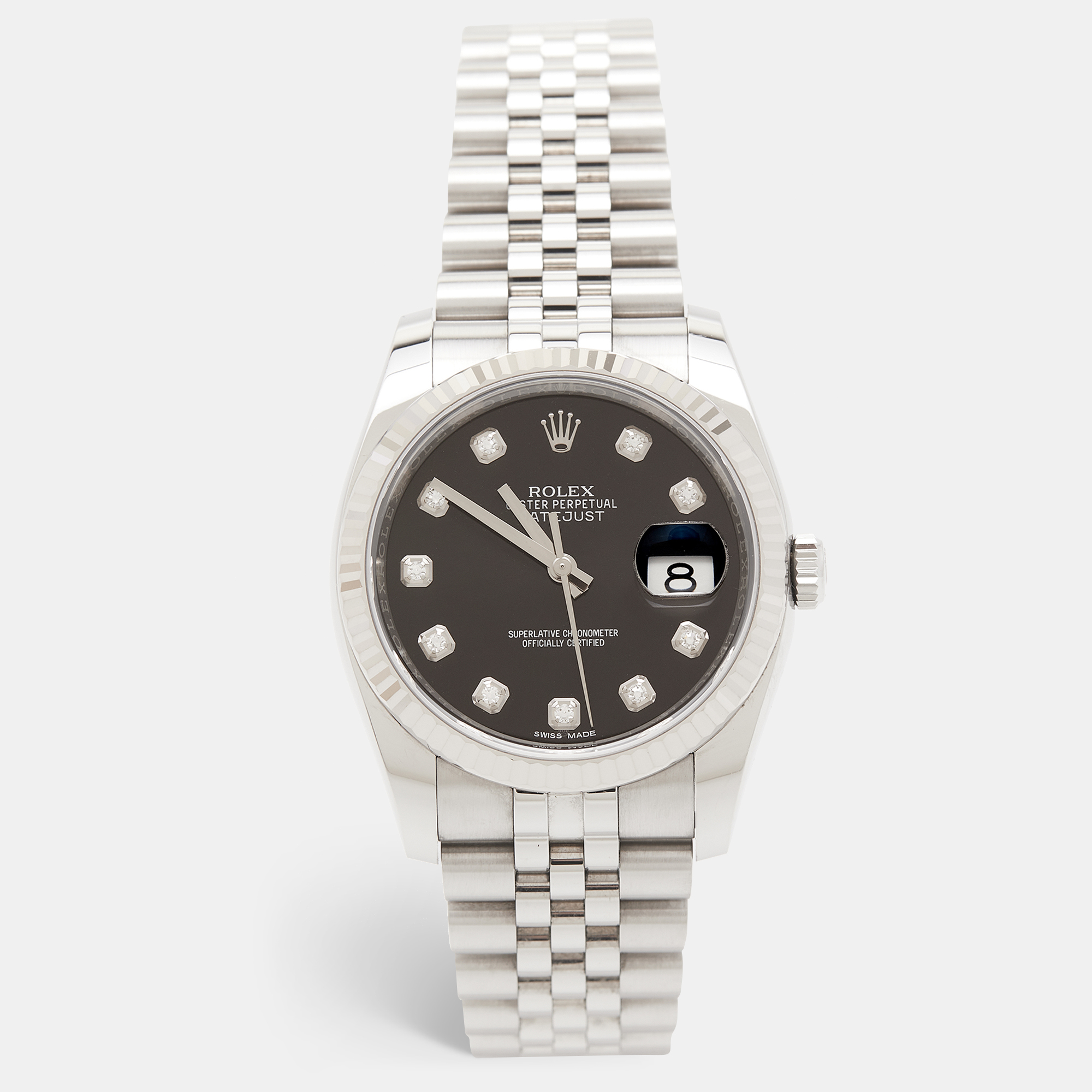 Pre Owned Rolex Black 18K White Gold Stainless Steel Datejust 116234-0083 Men's Wristwatch 36 mm