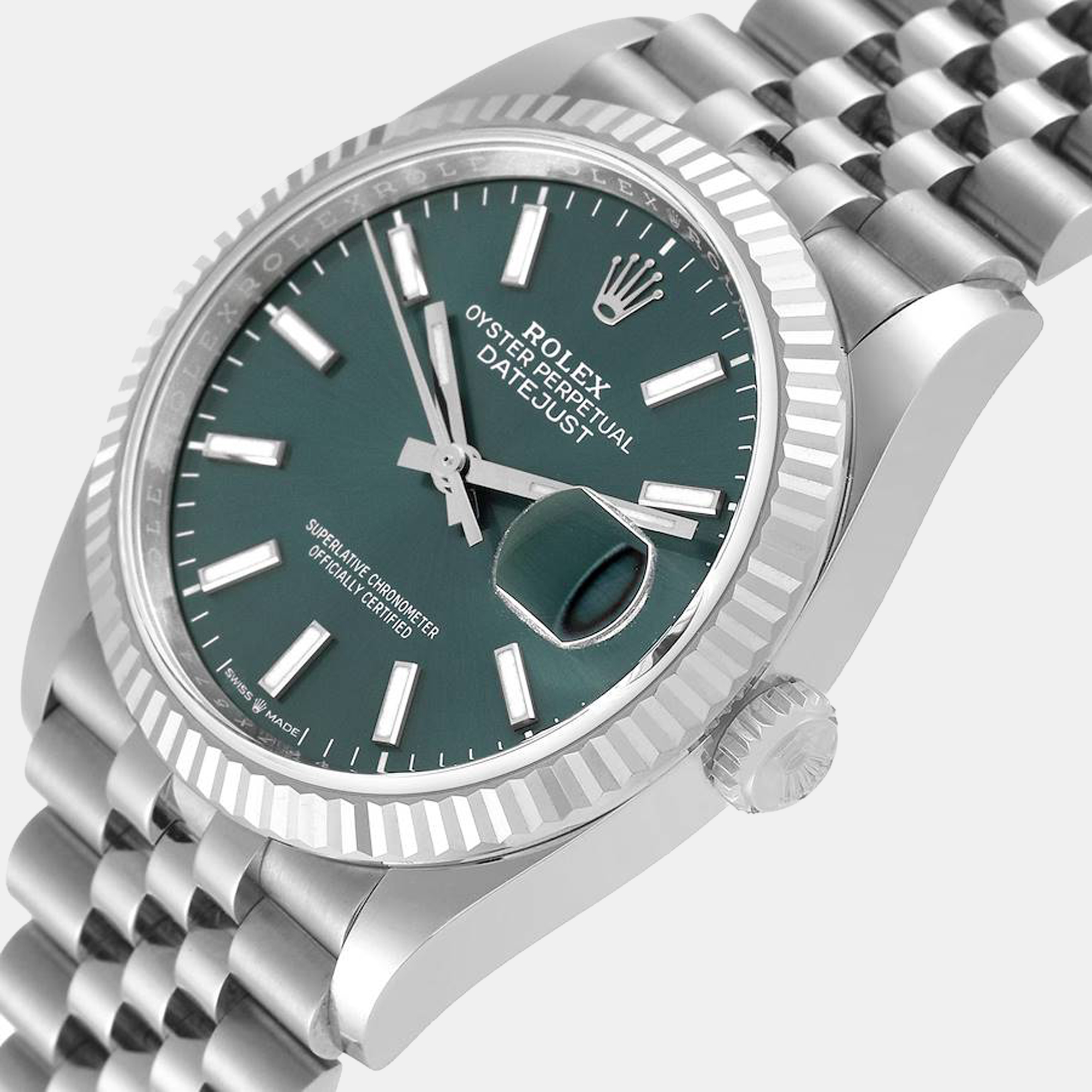 

Rolex Green 18K White Gold And Stainless Steel Datejust 126234 Automatic Men's Wristwatch 36 mm