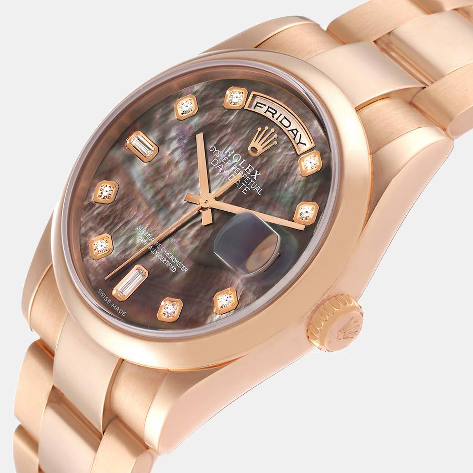 

Rolex MOP Diamonds 18K Rose Gold Day - Date President 118205 Men's Wristwatch 36 mm, Brown