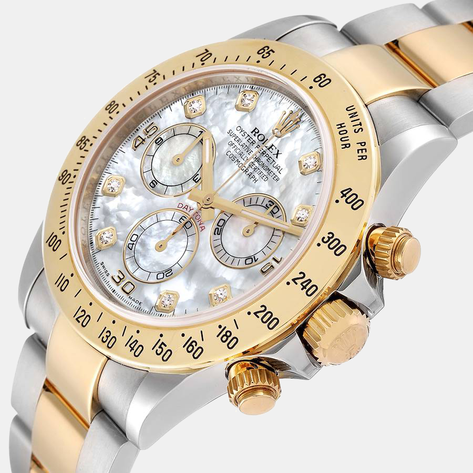 

Rolex MOP Diamonds 18K Yellow Gold And Stainless Steel Cosmograph Daytona 116523 Automatic Men's Wristwatch 40 mm, White