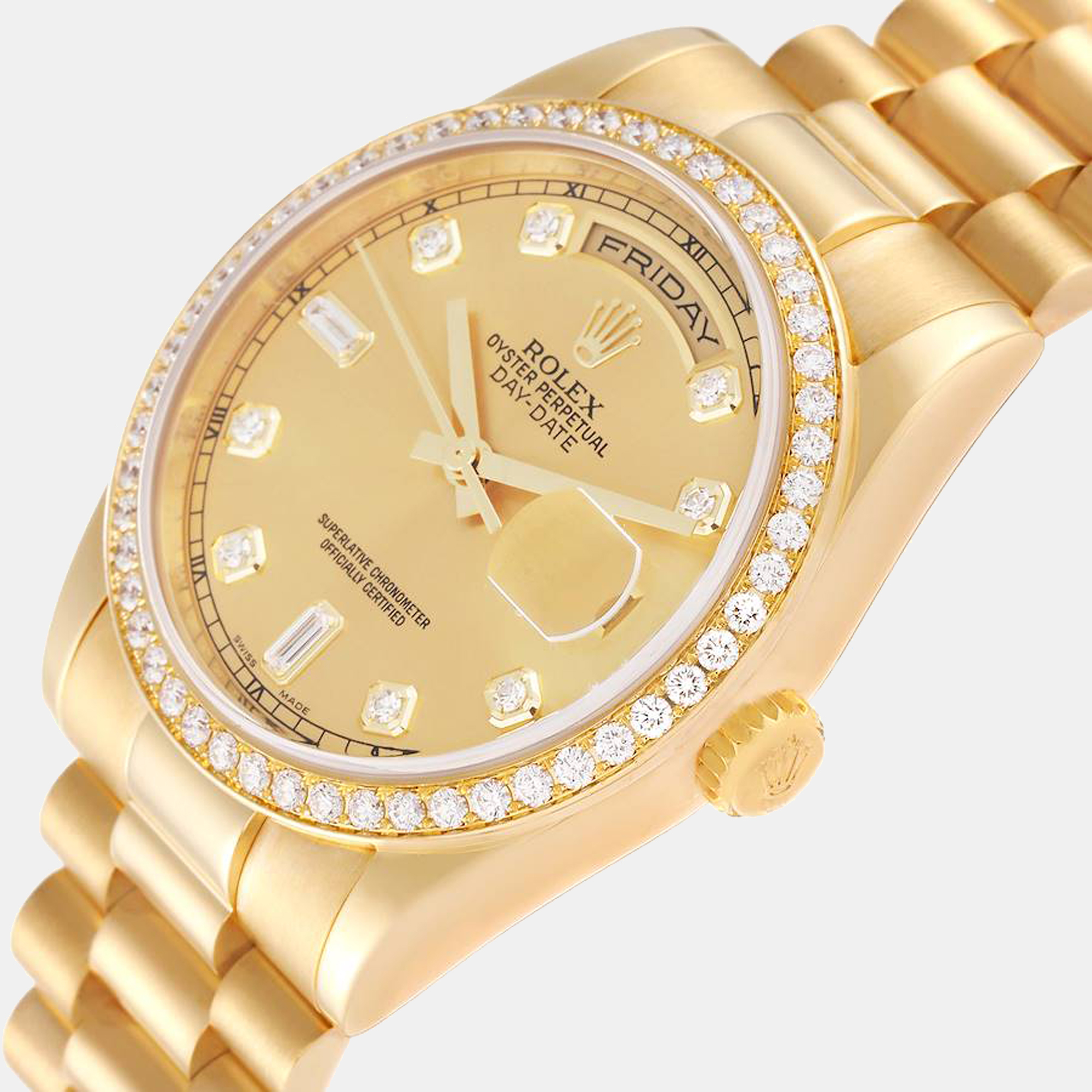 

Rolex Day Date President Yellow Gold Diamond Bezel Dial Men's Watch 118348