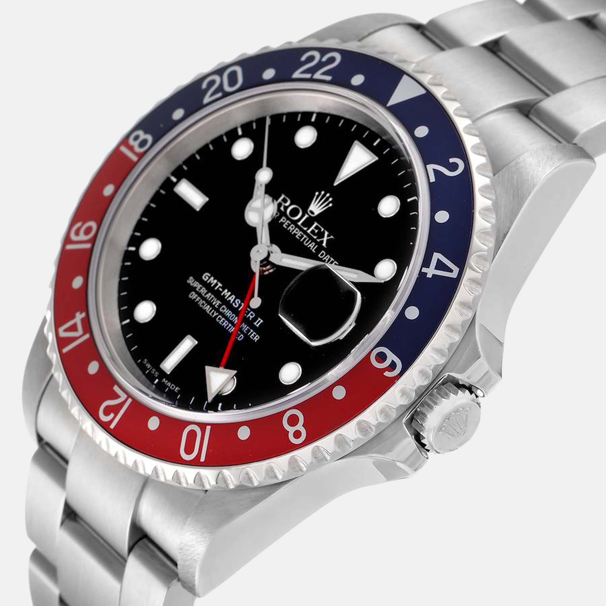 

Rolex Black Stainless Steel GMT-Master II Pepsi 16710 Automatic Men's Wristwatch 40 mm
