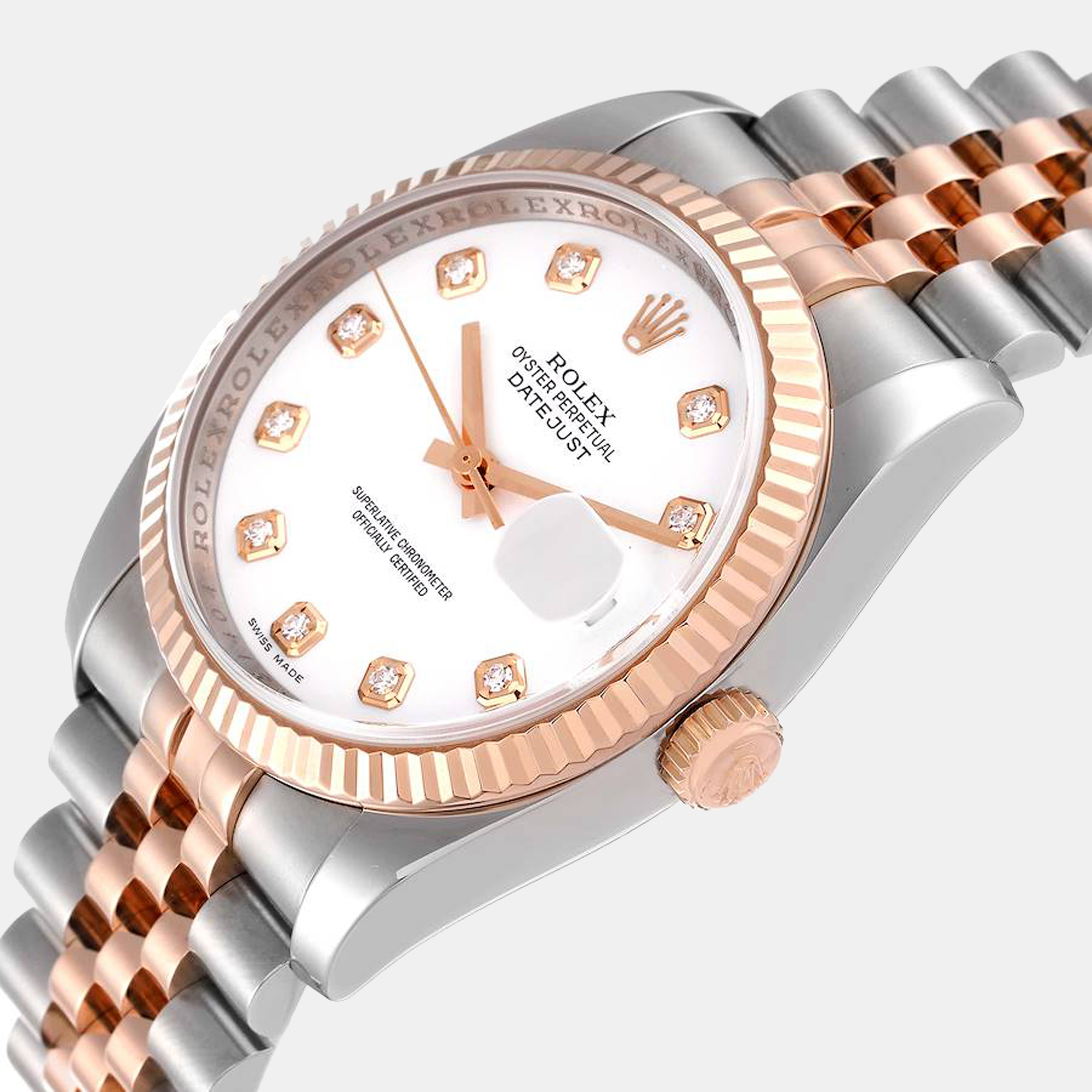 

Rolex White 18K Rose Gold And Stainless Steel Datejust 116231 Men's Wristwatch 36 mm