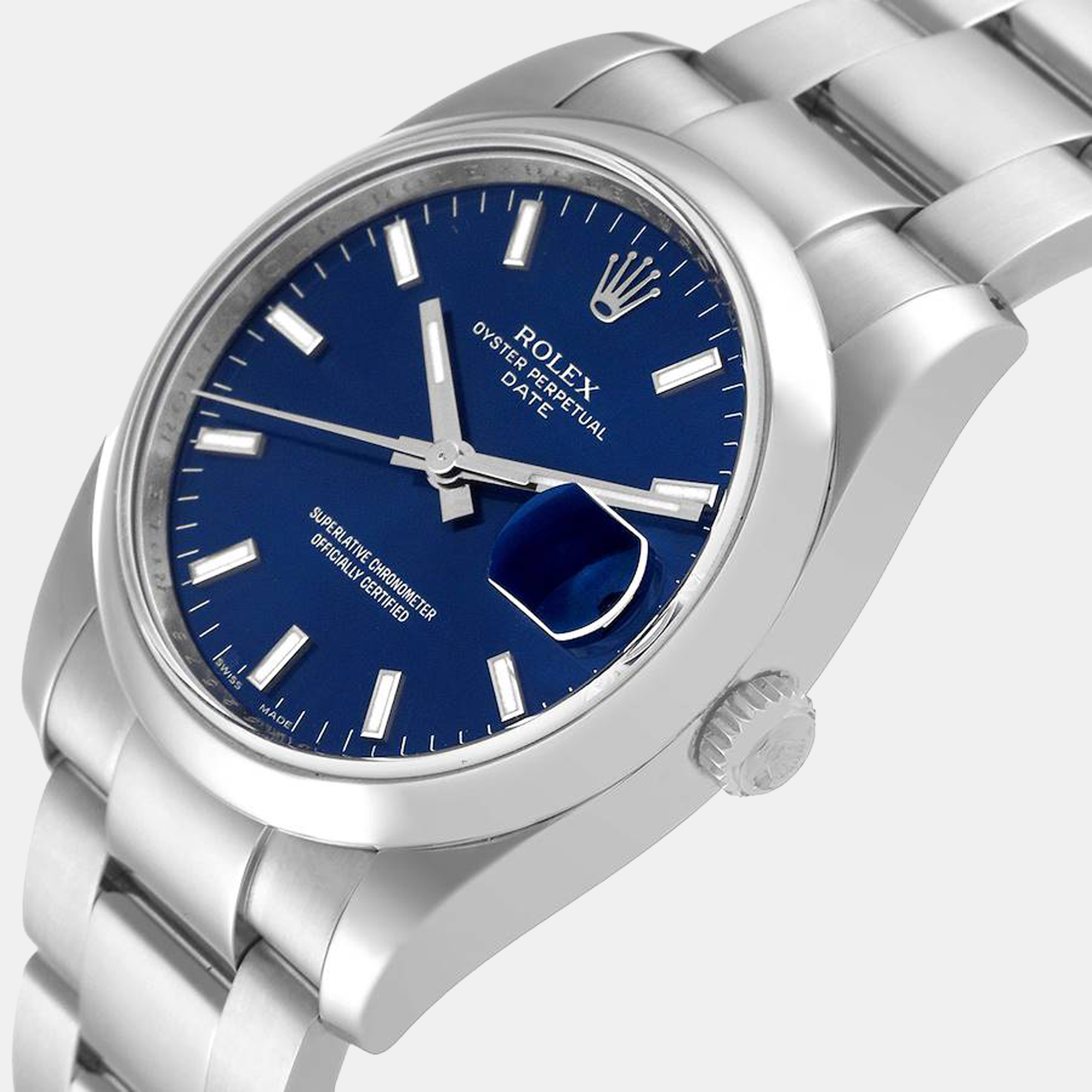 

Rolex Blue Stainless Steel Oyster Perpetual Date 115200 Men's Wristwatch 34 mm