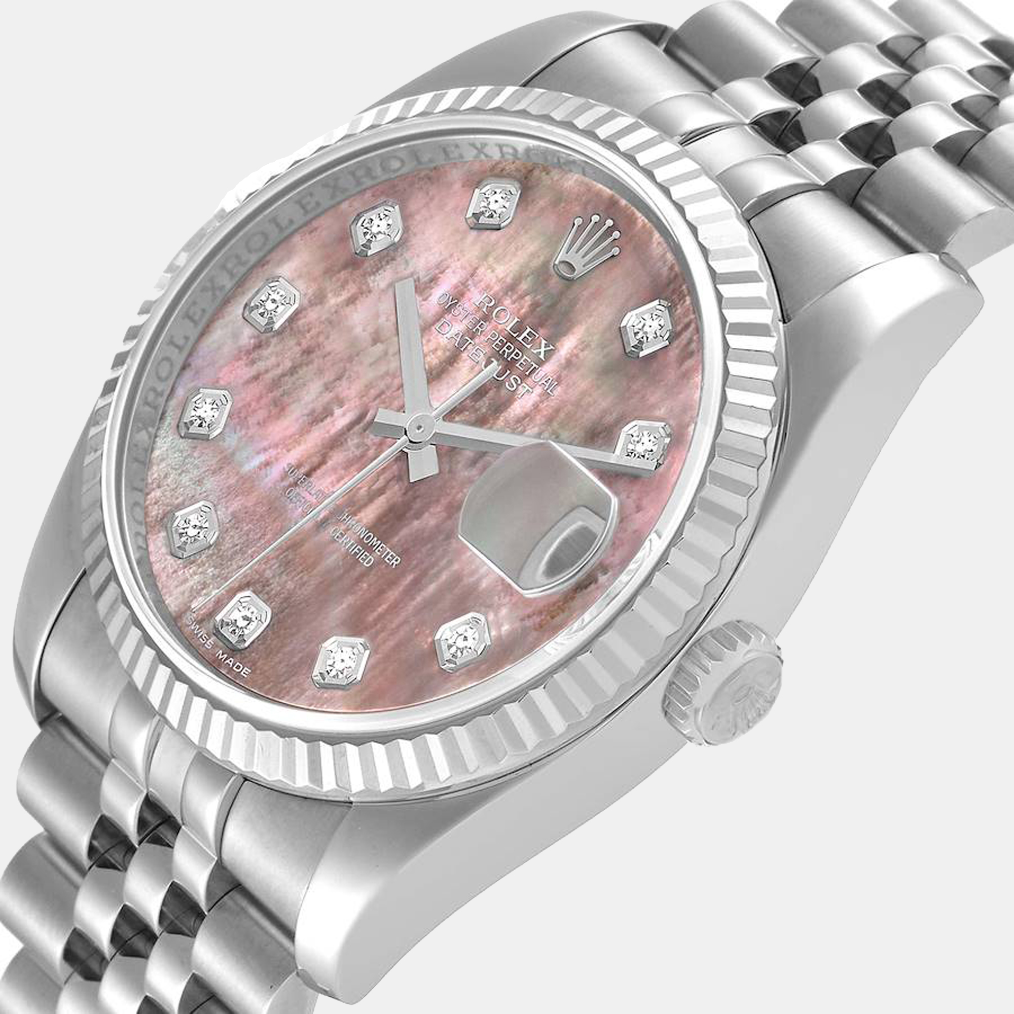 

Rolex MOP Diamonds 18k White Gold And Stainless Steel Datejust 116234 Men's Wristwatch 36 mm, Pink