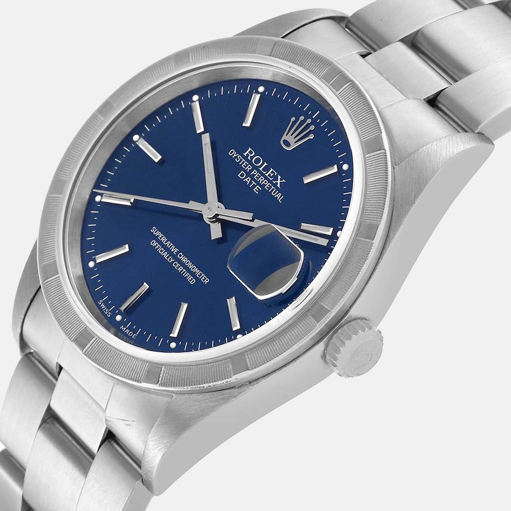 

Rolex Blue Stainless Steel Oyster Perpetual Date 15210 Men's Wristwatch 34 mm