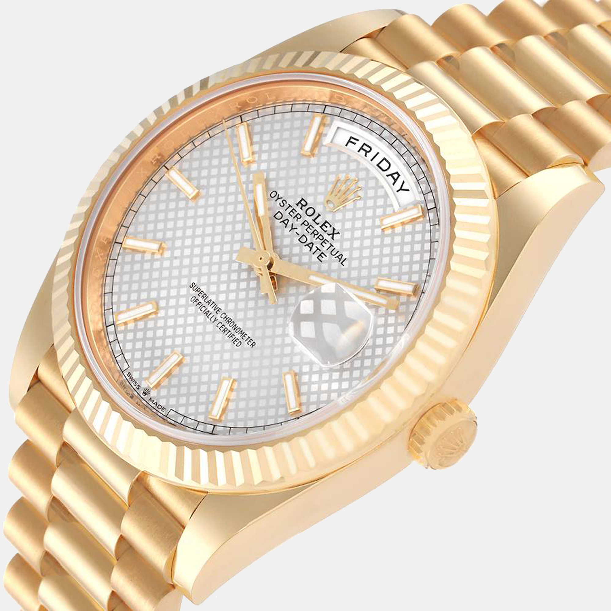 

Rolex President Day-Date 40 Yellow Gold Silver Diagonal Dial Men's Watch 228238