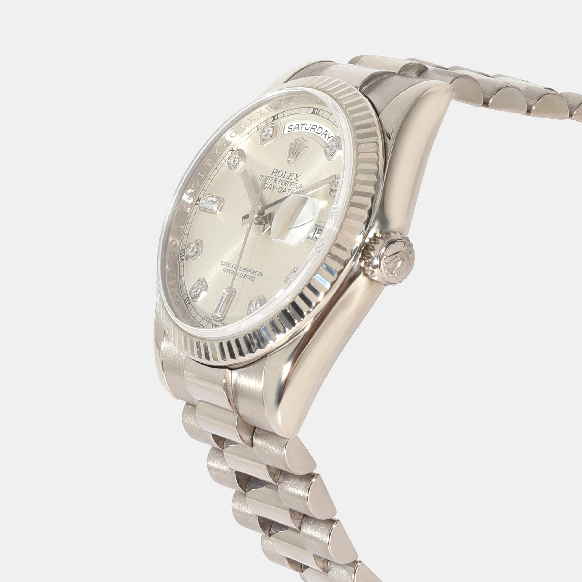 

Rolex Silver Diamonds 18K White Gold Day Date President 118239 Men's Wristwatch 36 mm