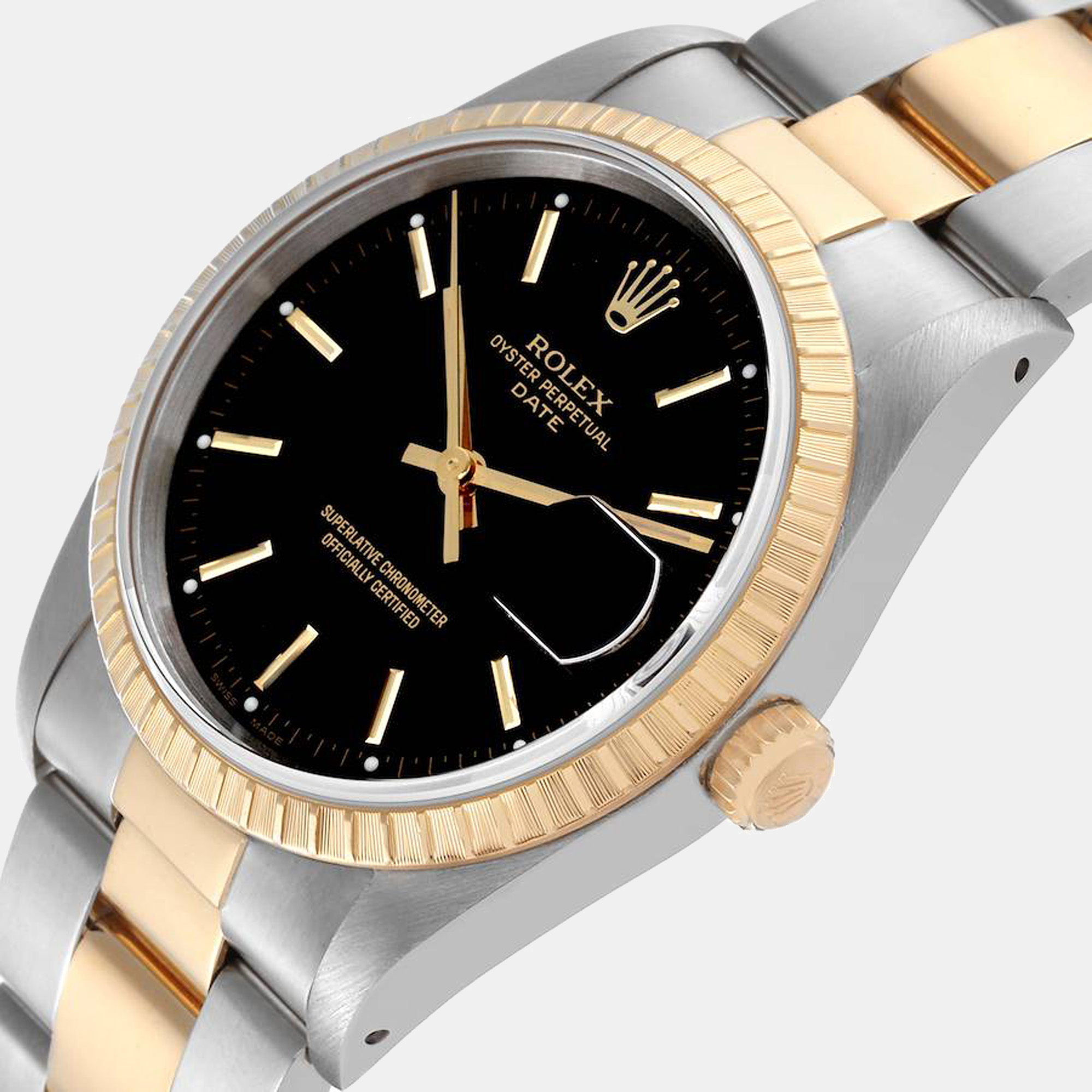 

Rolex Black 18K Yellow Gold And Stainless Steel Oyster Perpetual Date 15223 Men's Wristwatch 34 mm