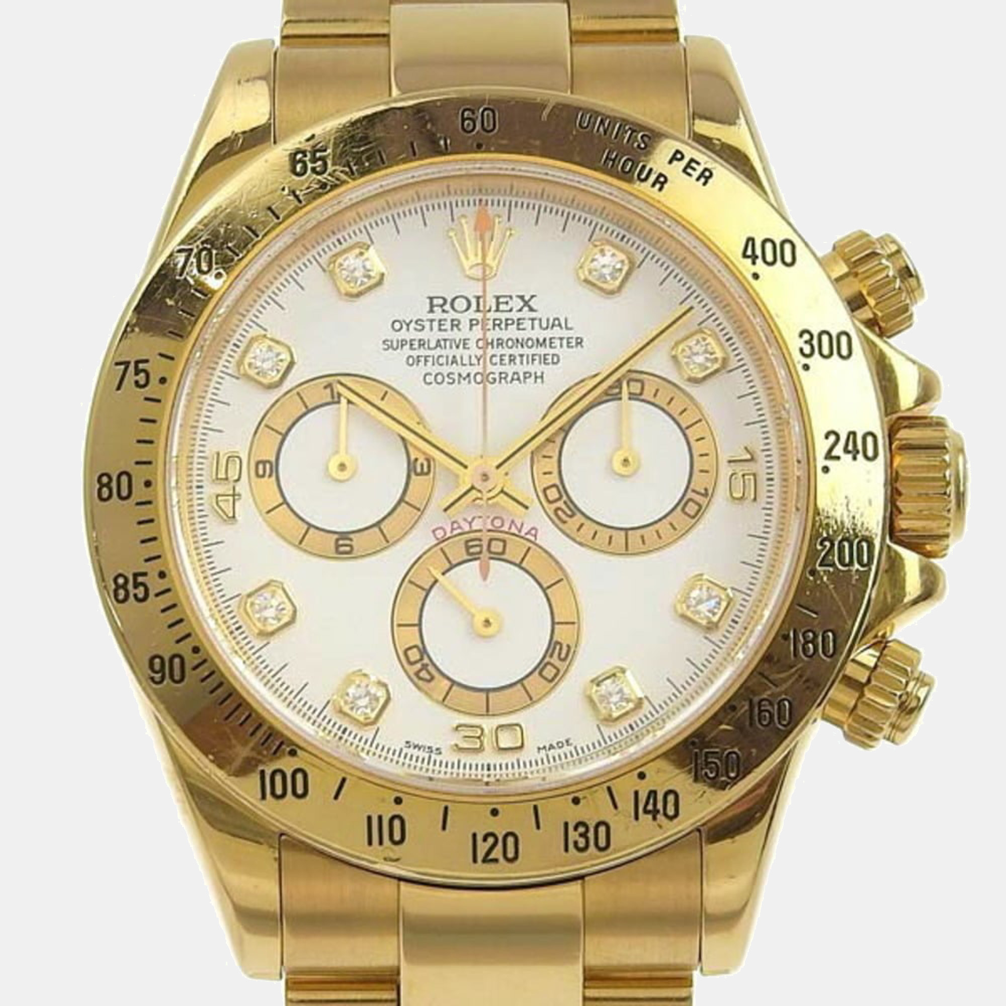 Rolex White Diamonds 18K Yellow Gold Cosmograph Daytona 116528G Automatic Men's Wristwatch 38 mm