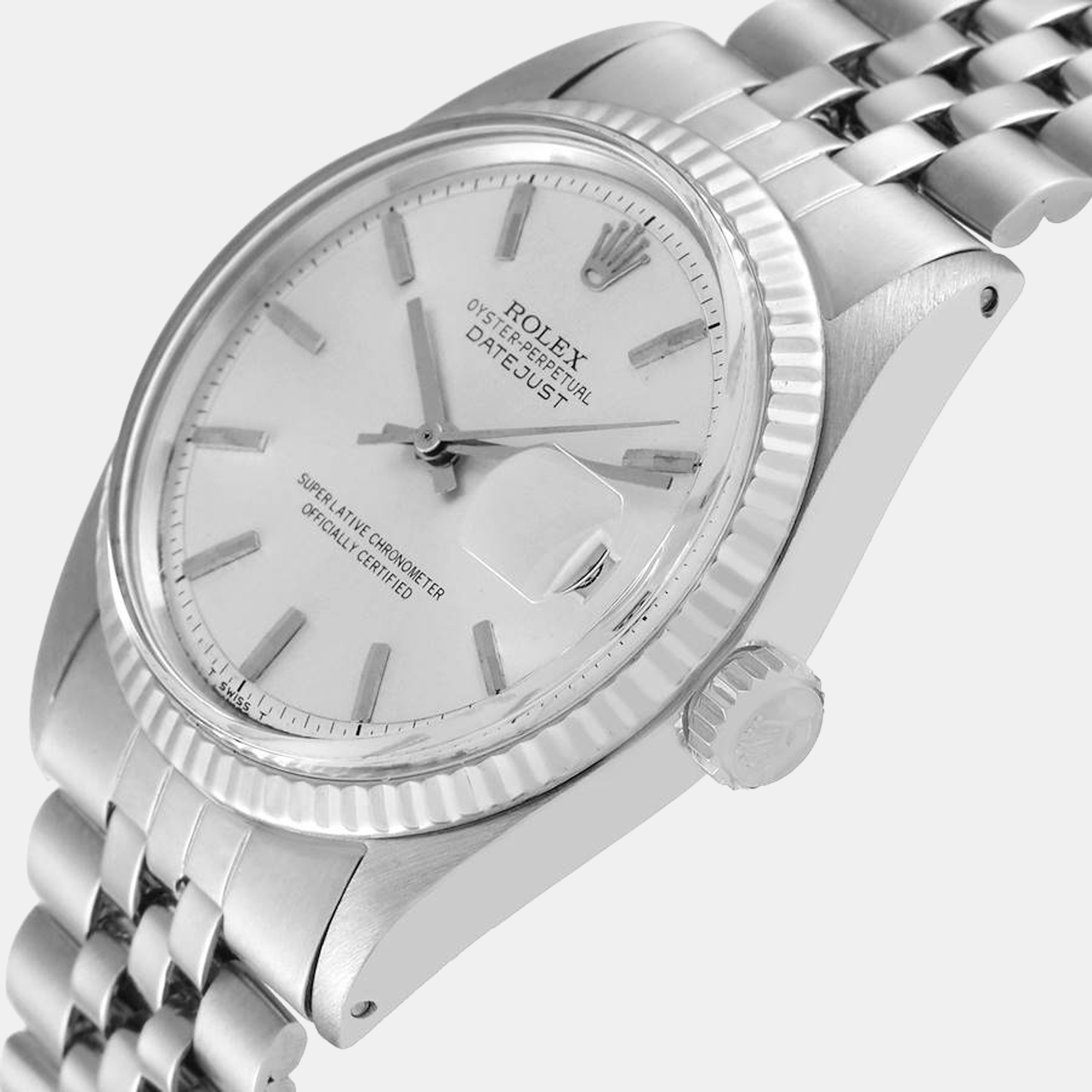 

Rolex Silver 18k White Gold And Stainless Steel Datejust 1601 Men's Wristwatch 36 mm
