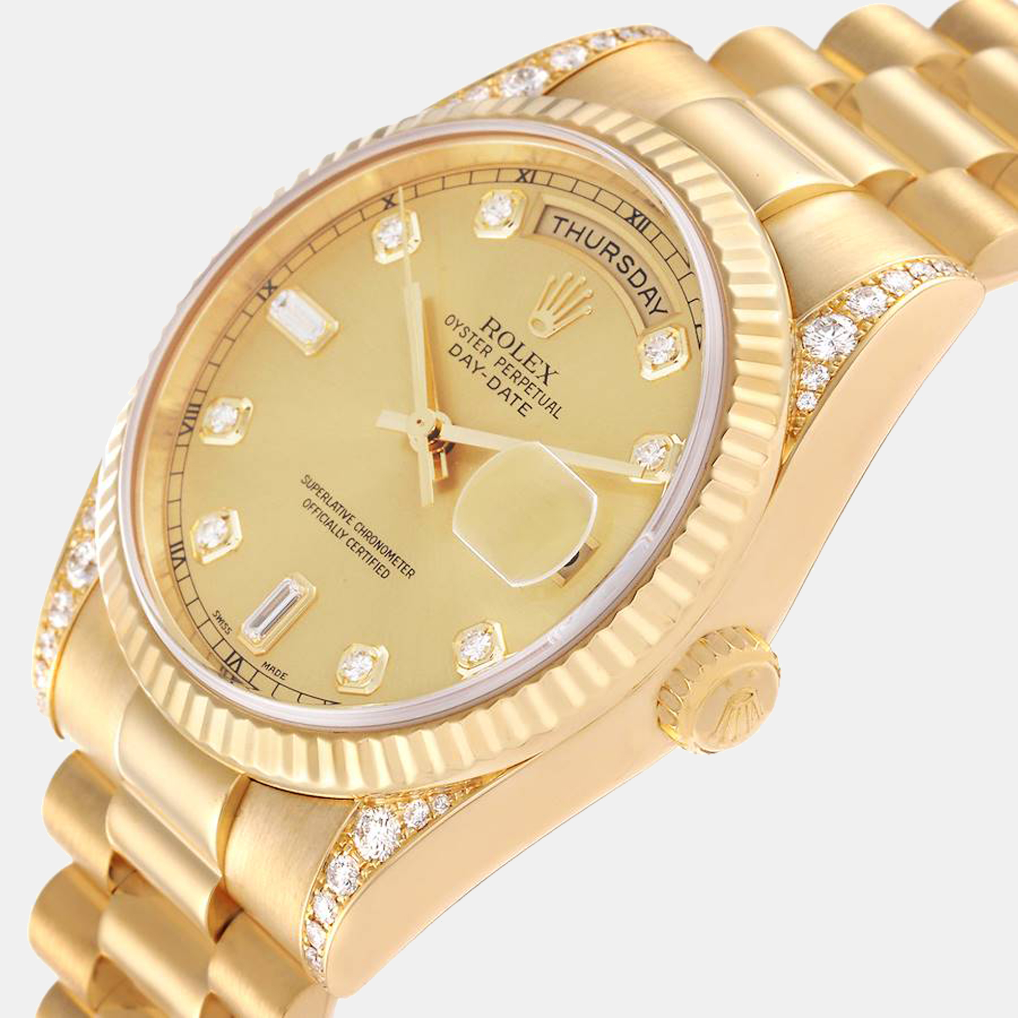 

Rolex President Day Date 18k Yellow Gold Diamond Lugs Watch 118338