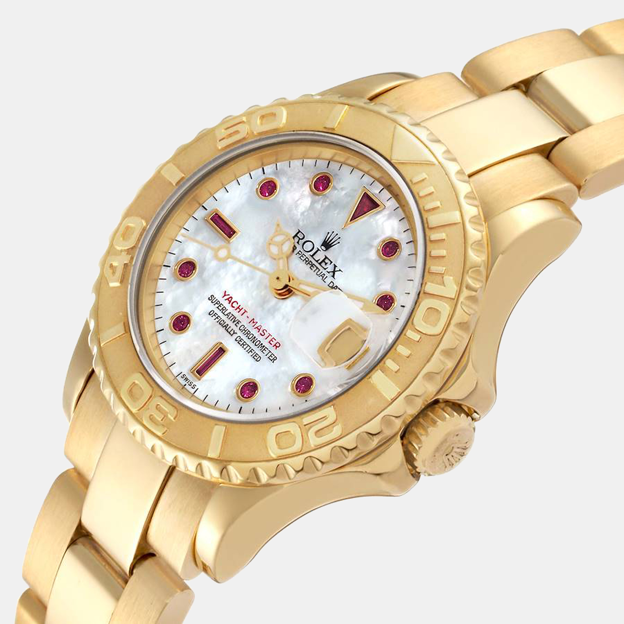 

Rolex Yachtmaster 29 Yellow Gold MOP Ruby Dial Ladies Watch 169628, White