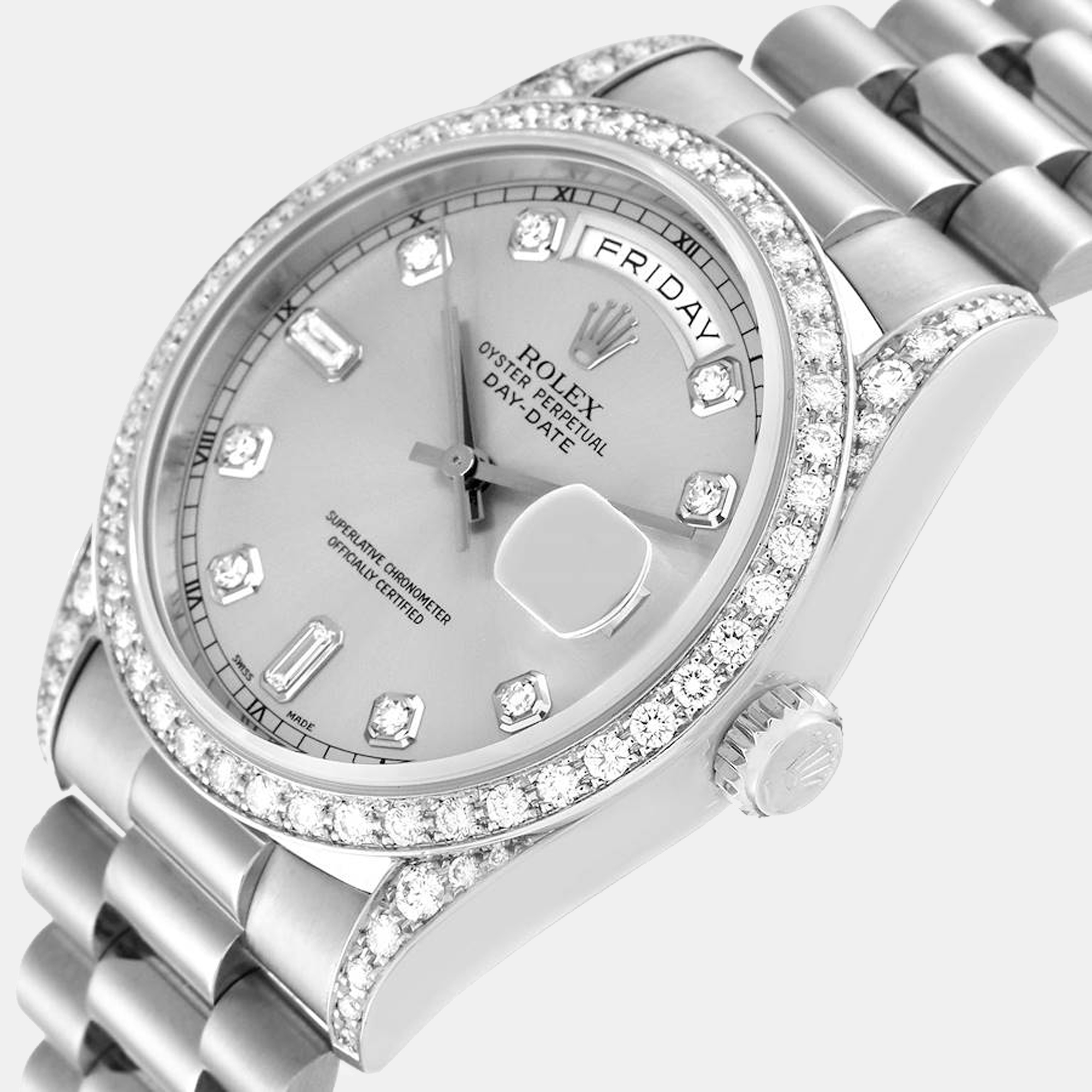 

Rolex President Day-Date 18k White Gold Diamond Men's Watch 118389, Silver