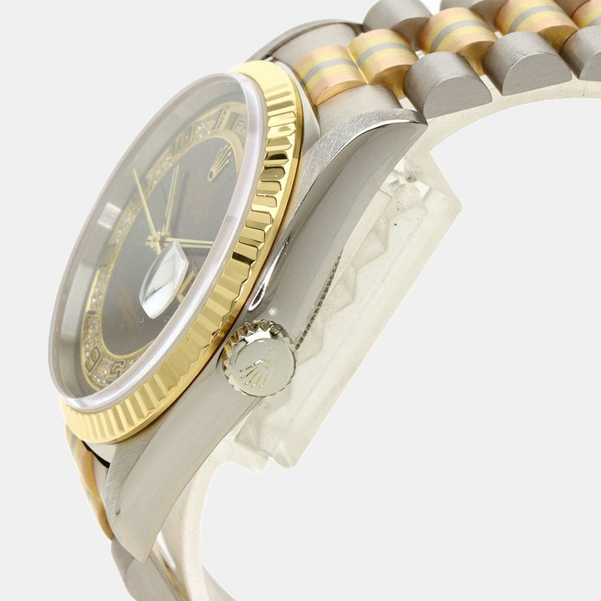 

Rolex Grey Diamonds 18K Yellow White Rose Gold Tridor 18239BIC Men's Wristwatch 36 mm